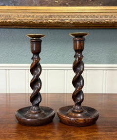 Antique English Barley Twist Candlesticks Candle Holders Oak PAIR 10.5" Tall