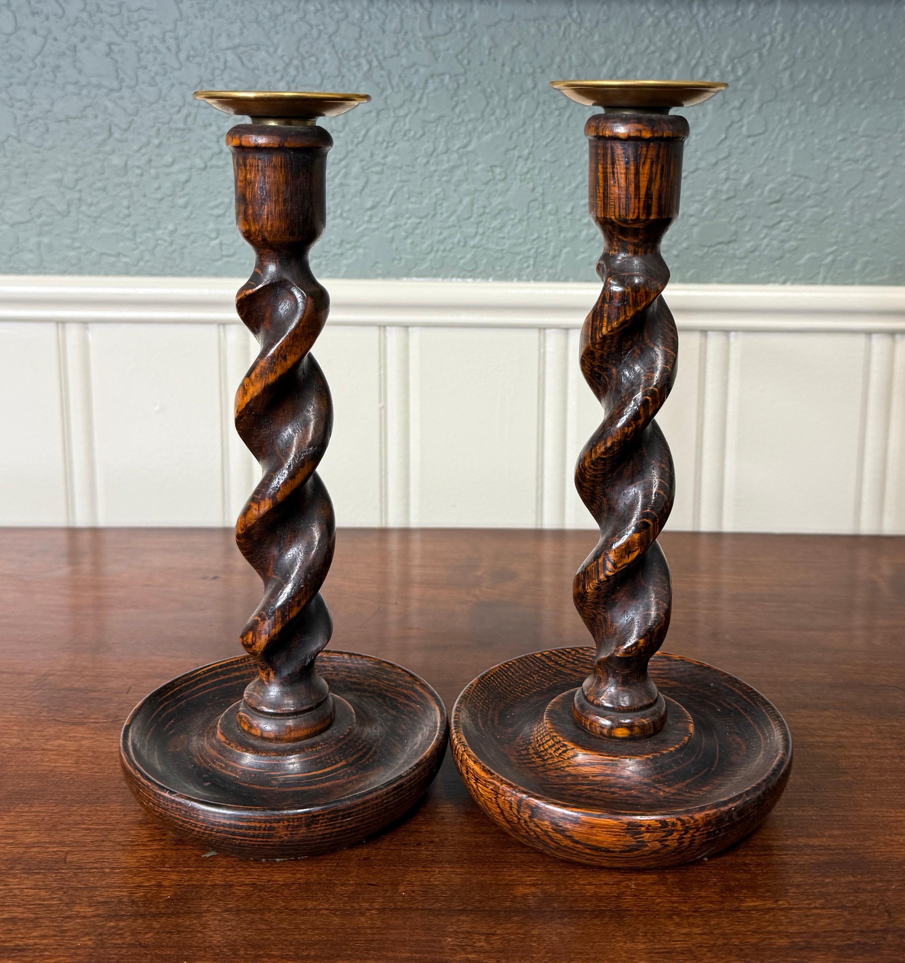 Antique English Barley Twist Candlesticks Candle Holders Oak PAIR 10.5