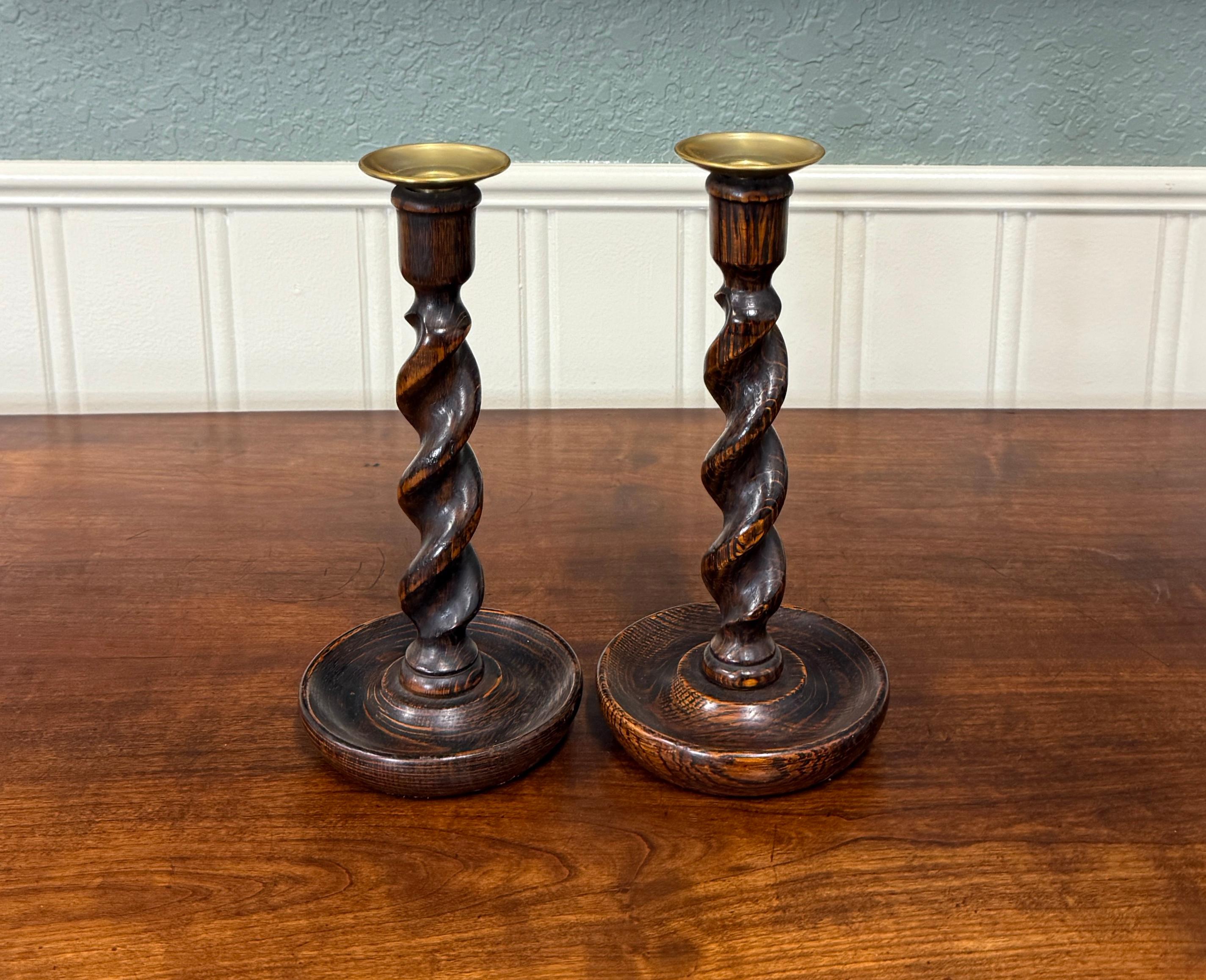 Arts and Crafts Antique English Barley Twist Candlesticks Candle Holders Oak PAIR 10.5