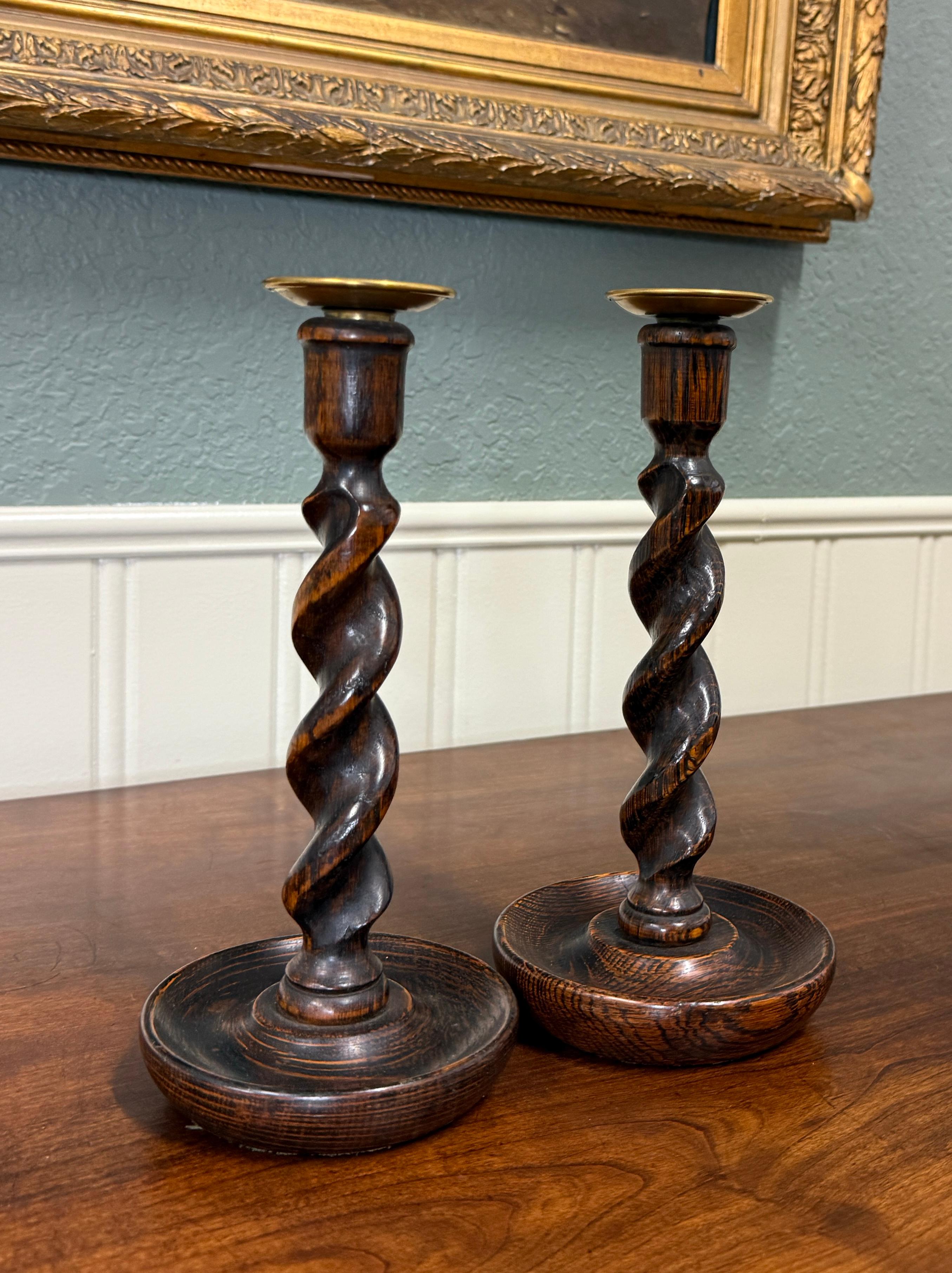Carved Antique English Barley Twist Candlesticks Candle Holders Oak PAIR 10.5