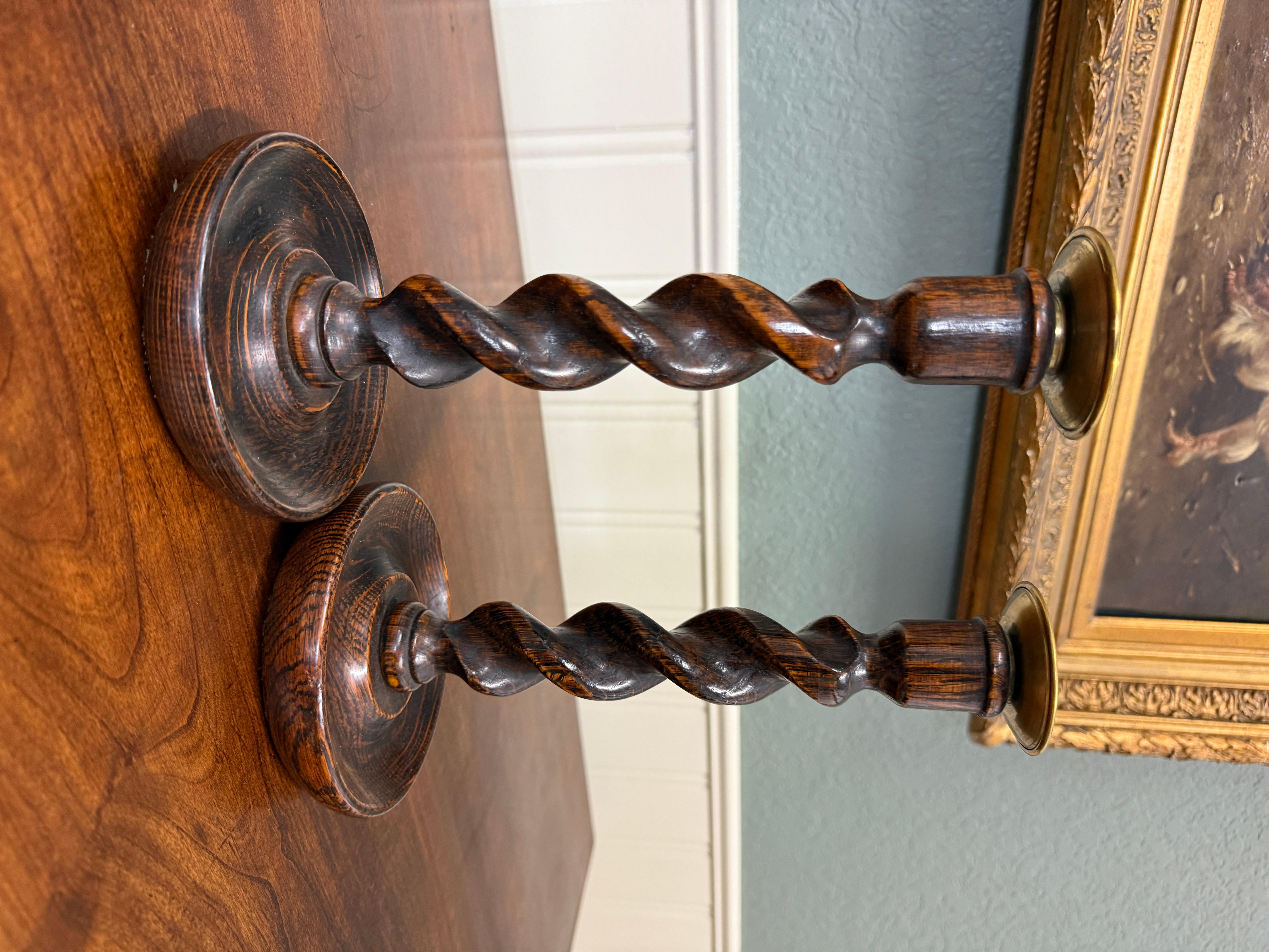 Antique English Barley Twist Candlesticks Candle Holders Oak PAIR 10.5