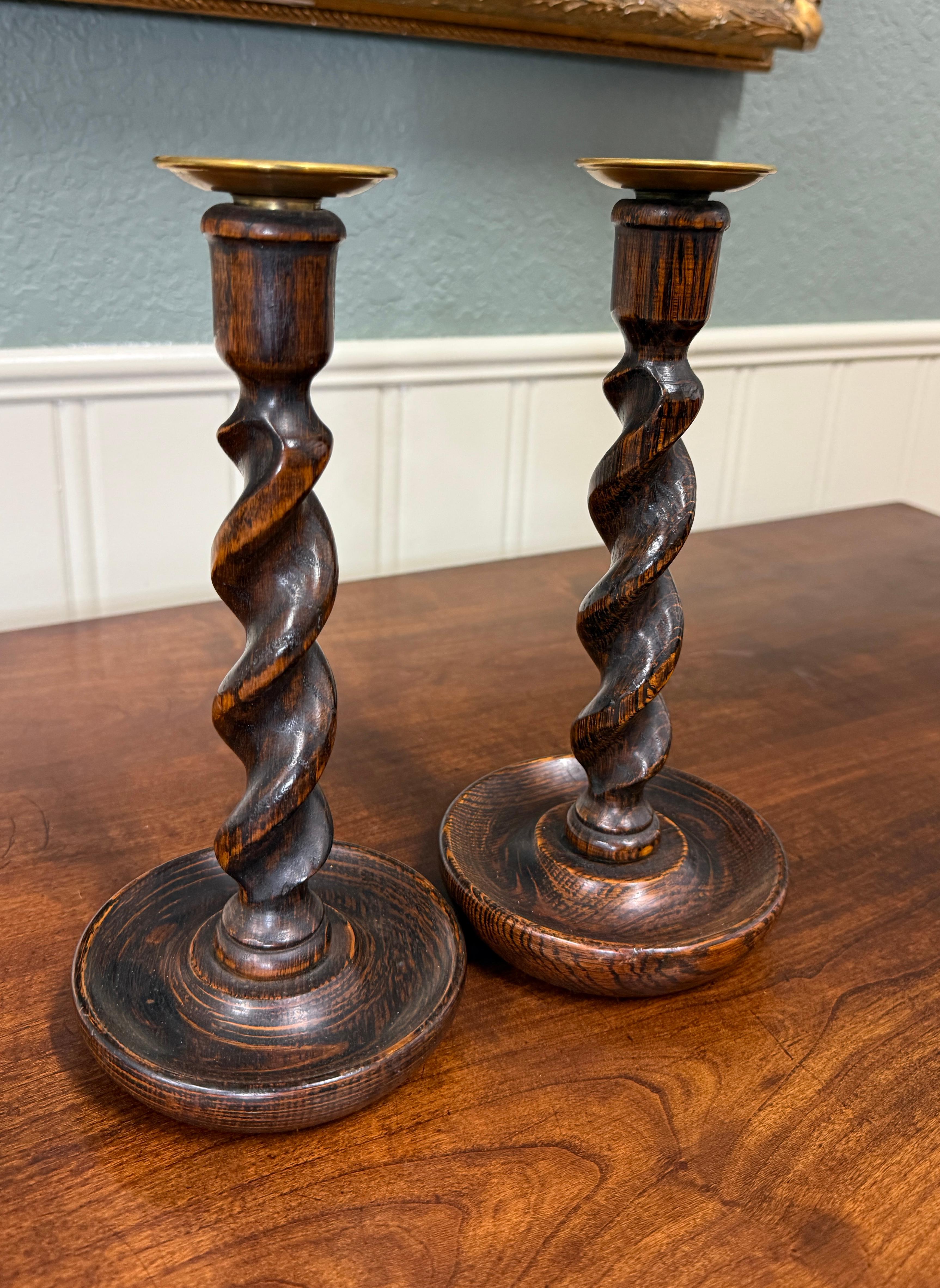 Mid-20th Century Antique English Barley Twist Candlesticks Candle Holders Oak PAIR 10.5