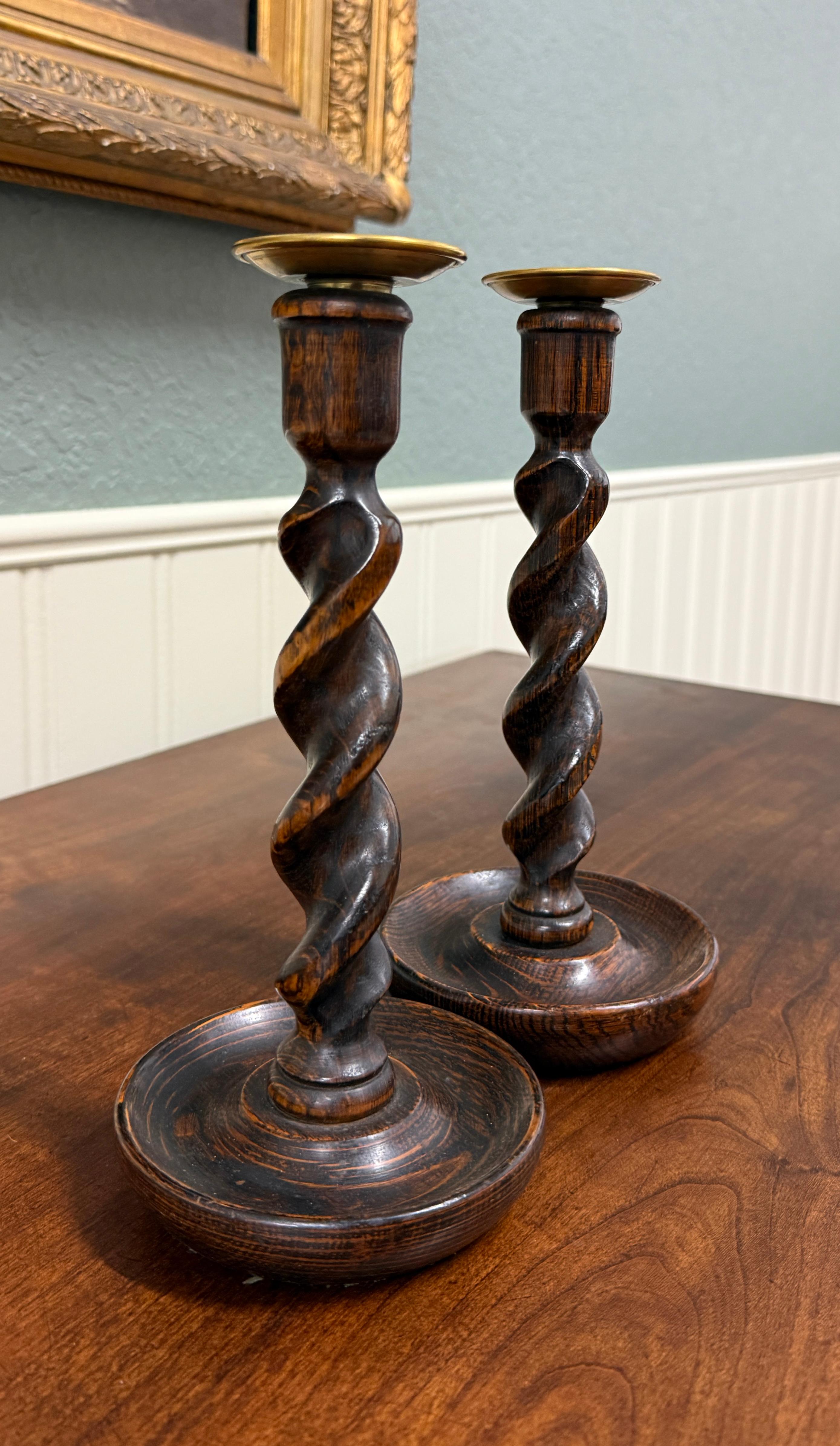 Antique English Barley Twist Candlesticks Candle Holders Oak PAIR 10.5