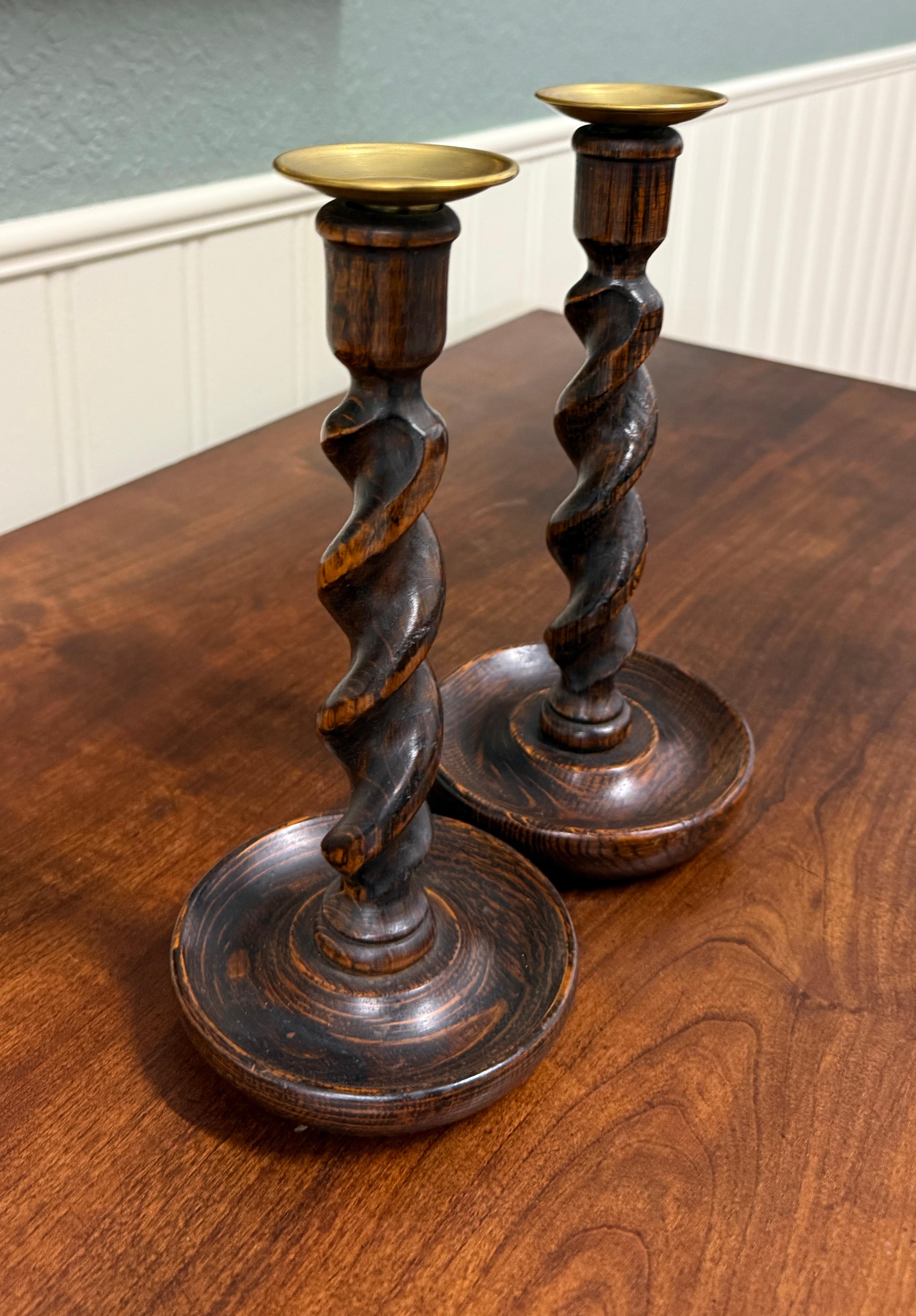 Antique English Barley Twist Candlesticks Candle Holders Oak PAIR 10.5