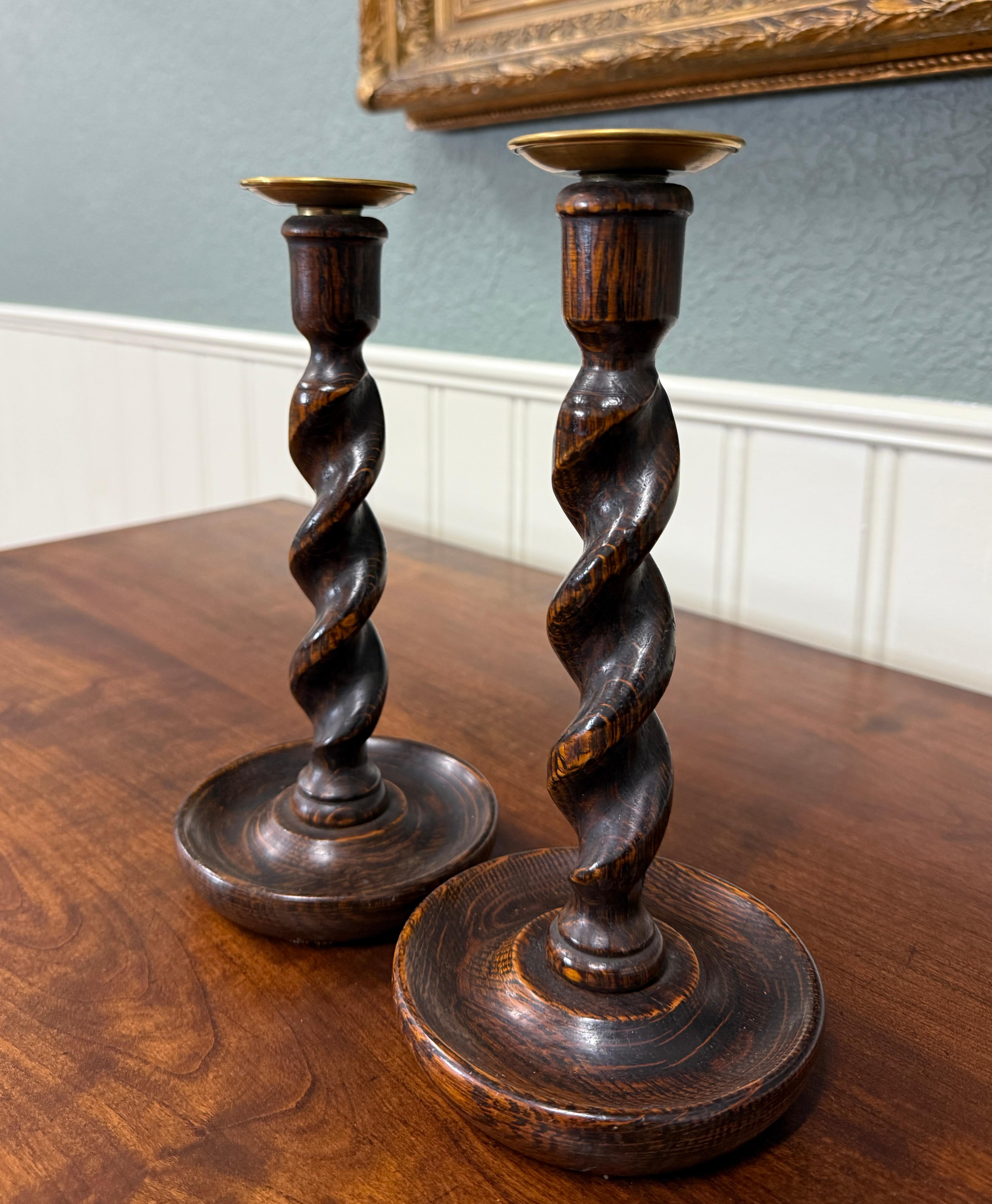 Antique English Barley Twist Candlesticks Candle Holders Oak PAIR 10.5