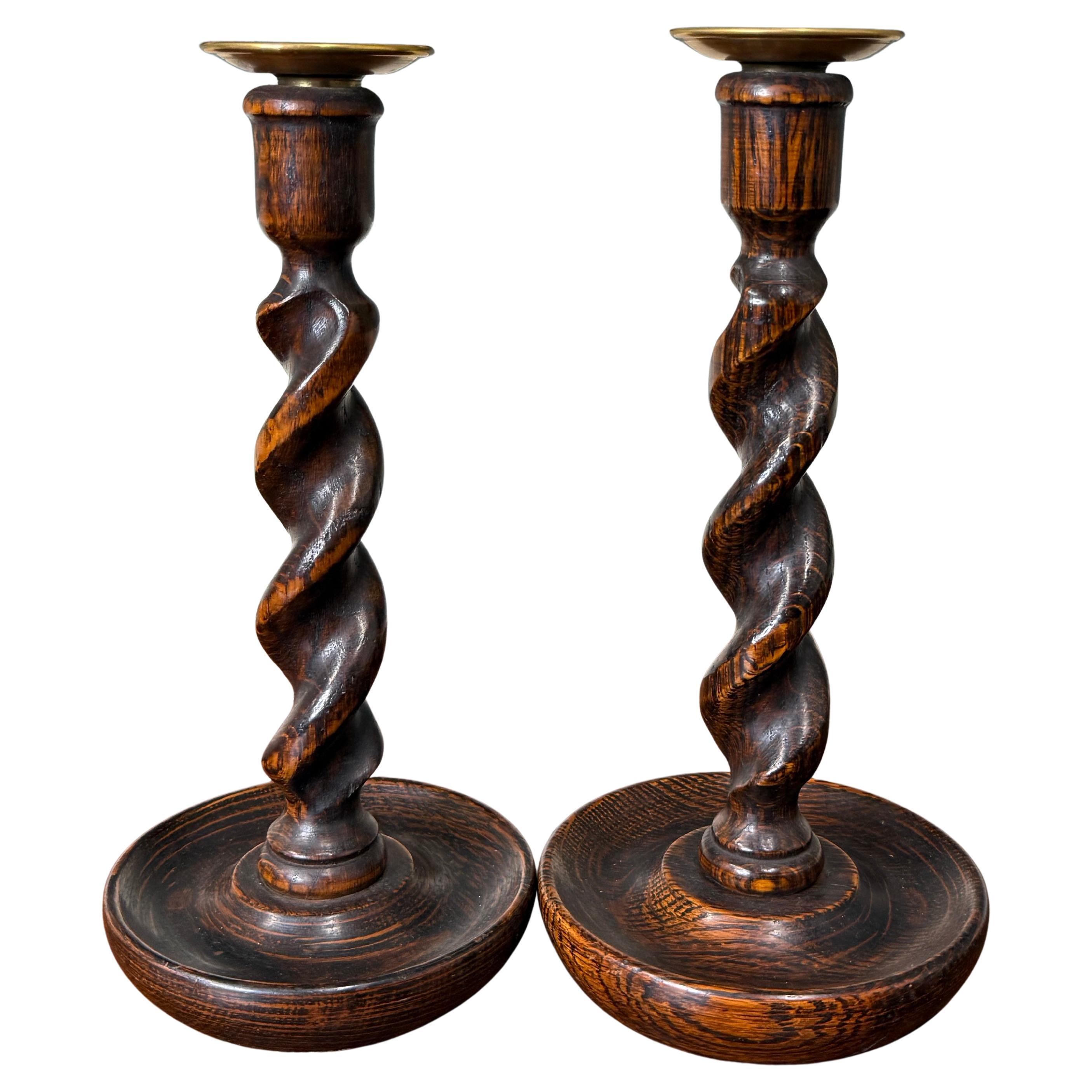 Antique English Barley Twist Candlesticks Candle Holders Oak PAIR 10.5" Tall For Sale