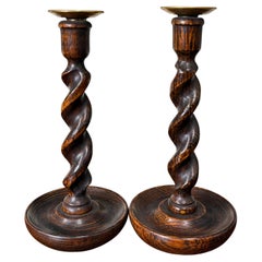 Antique English Barley Twist Candlesticks Candle Holders Oak PAIR 10.5" Tall