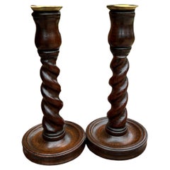 Antique English Barley Twist Candlesticks Candle Holders Oak Pair Tall