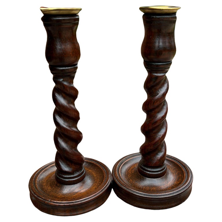 Antique English Barley Twist Candlesticks Candle Holders Oak Pair Tall