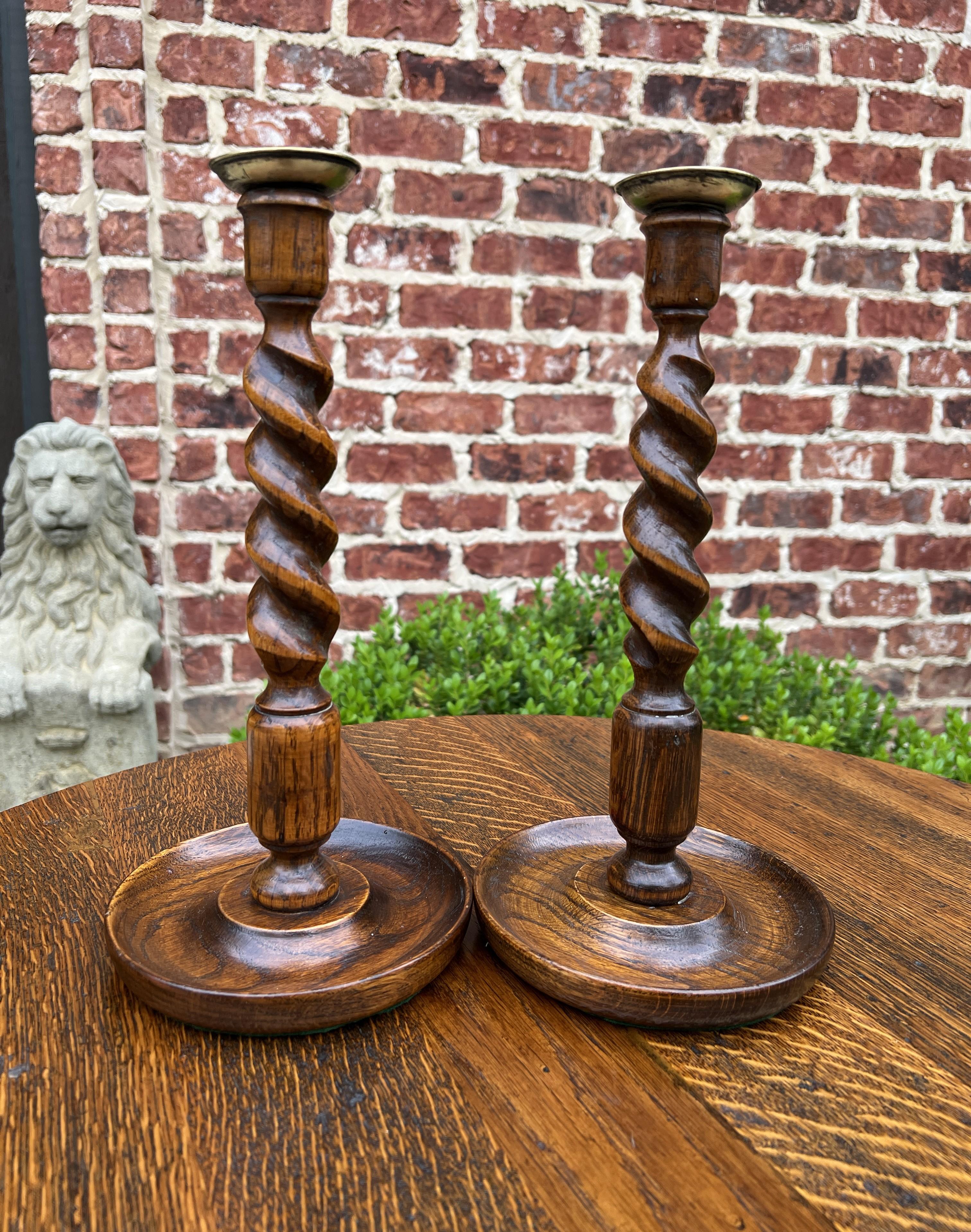 Antique English Barley Twist Candlesticks Candle Holders Oak Pair Tall For Sale 4