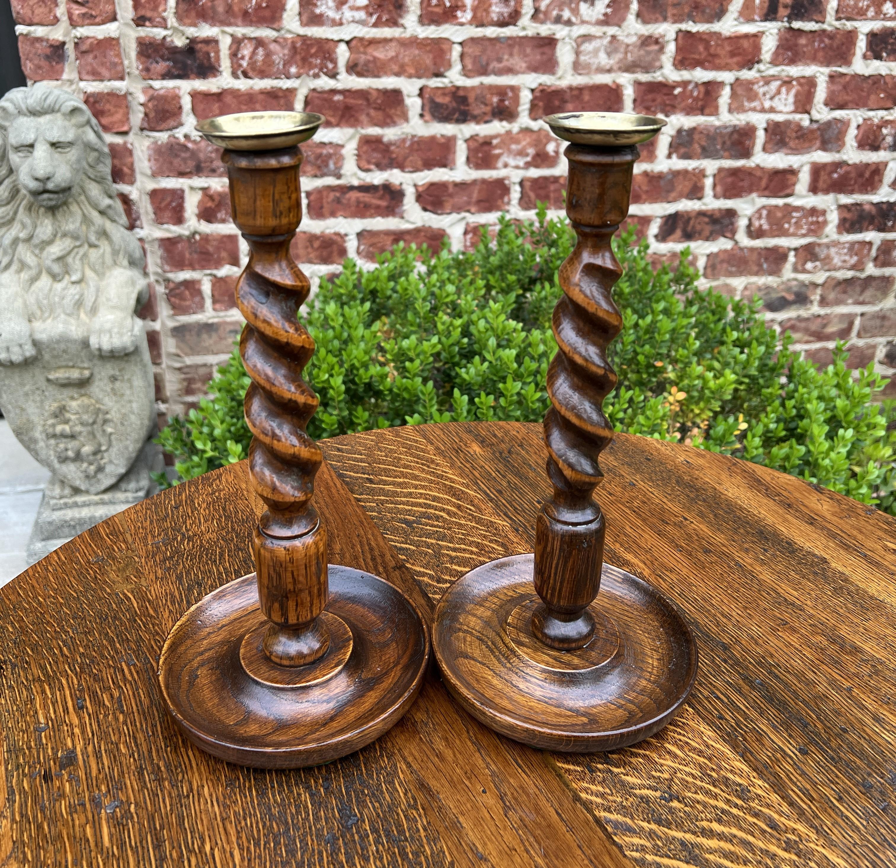 Antique English Barley Twist Candlesticks Candle Holders Oak Pair Tall For Sale 5