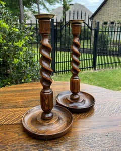 Antique English Barley Twist Candlesticks Candle Holders Oak Pair Tall