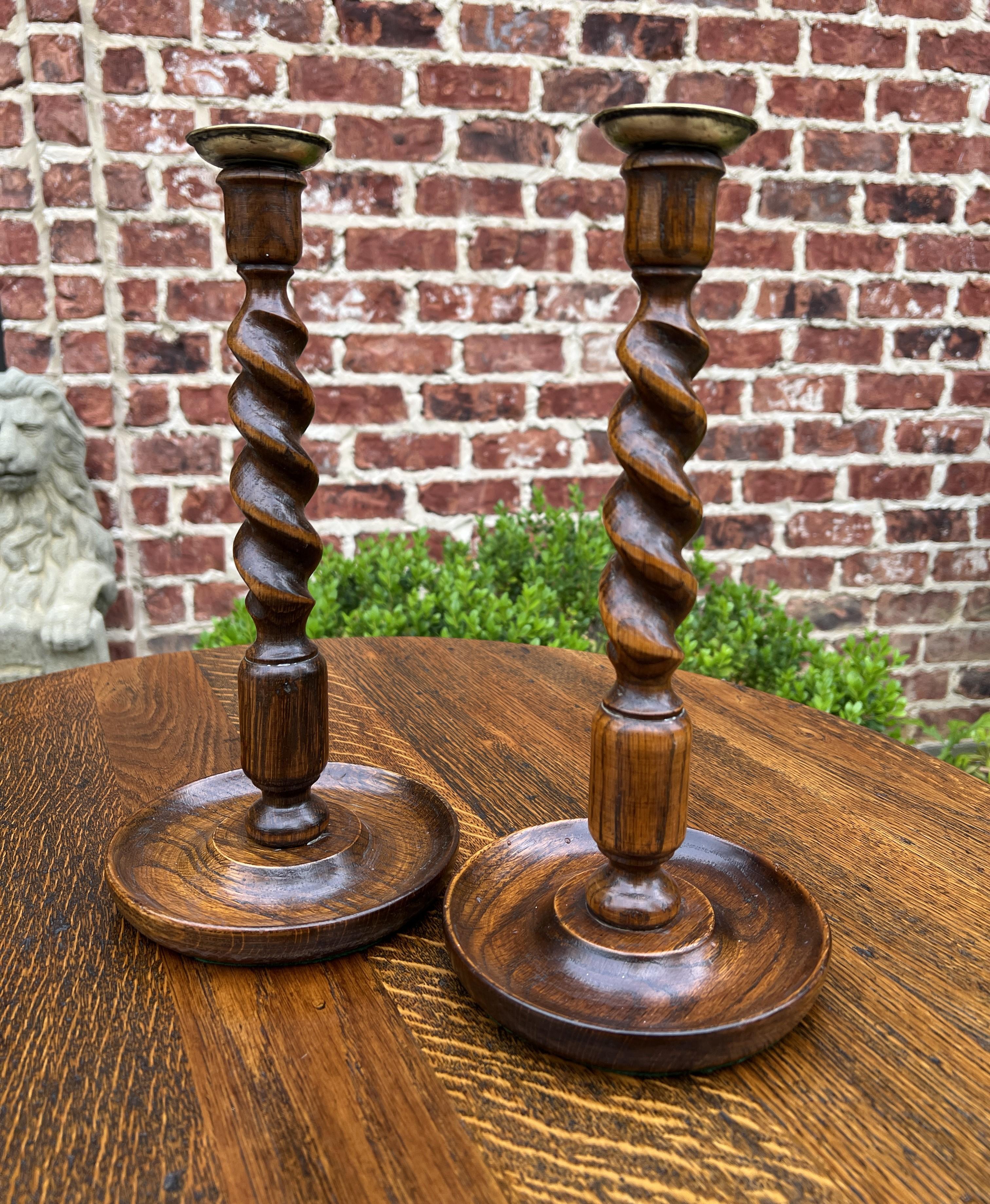Arts and Crafts Antique English Barley Twist Candlesticks Candle Holders Oak Pair Tall For Sale