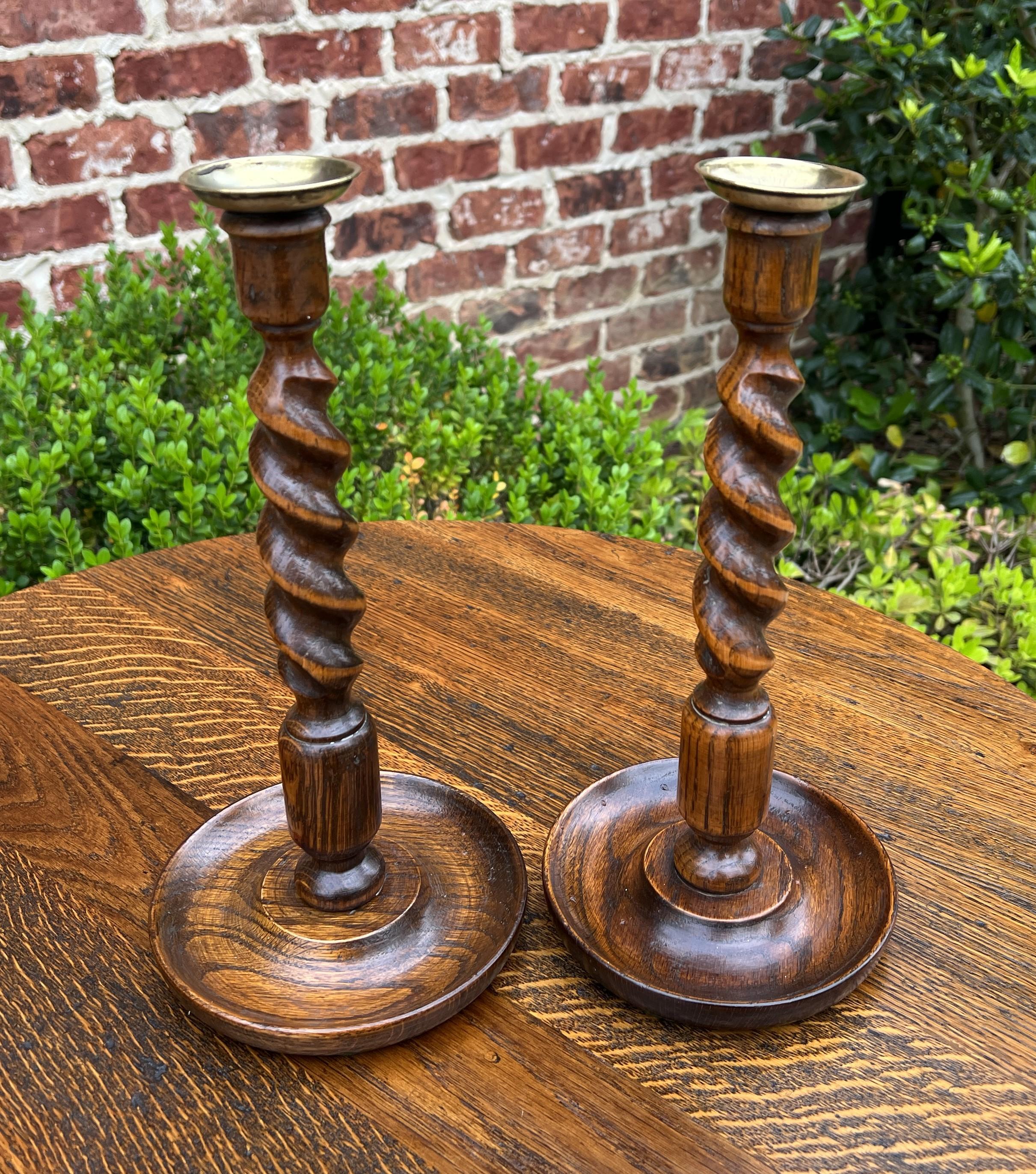 Carved Antique English Barley Twist Candlesticks Candle Holders Oak Pair Tall For Sale