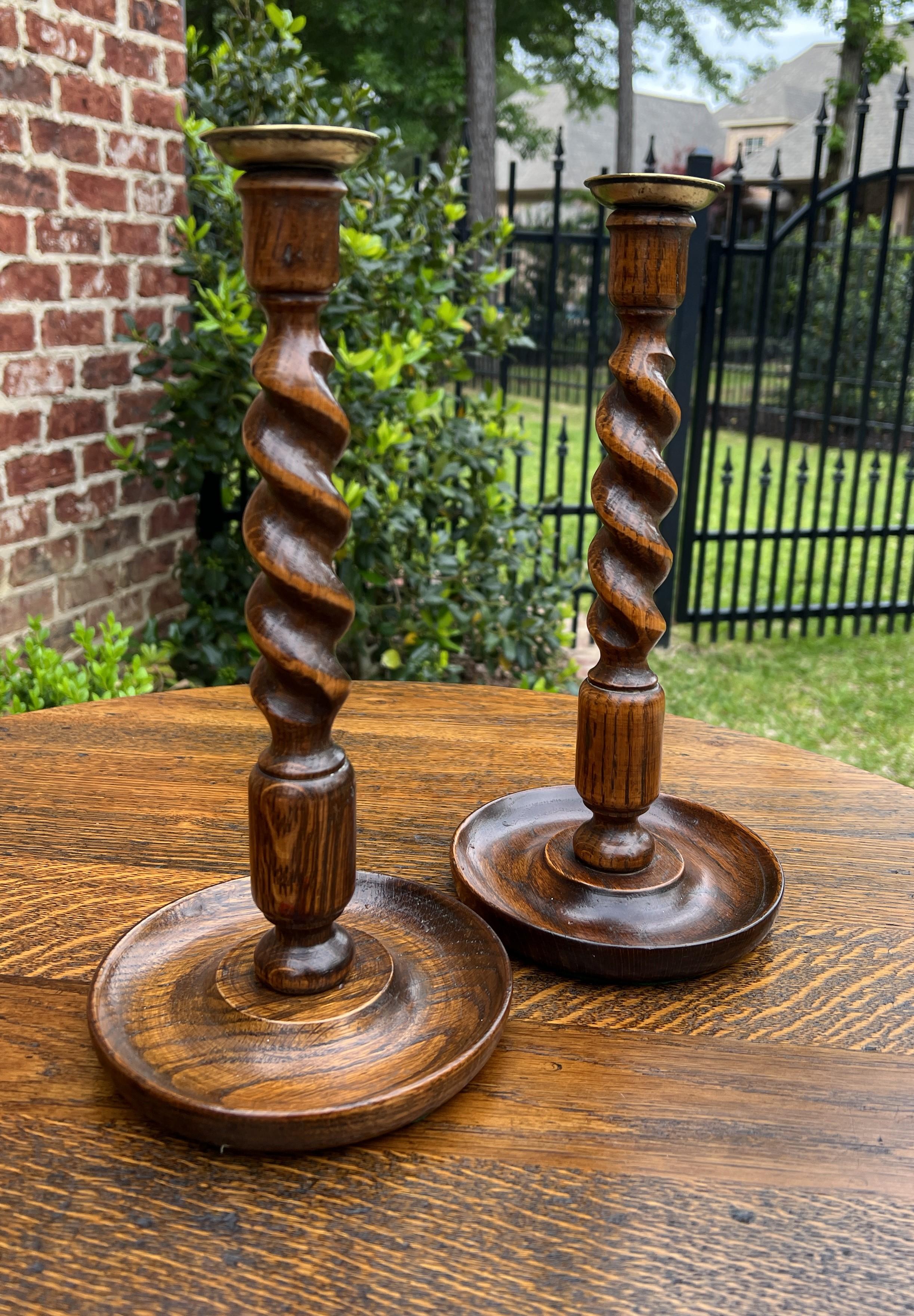 Carved Antique English Barley Twist Candlesticks Candle Holders Oak Pair Tall For Sale