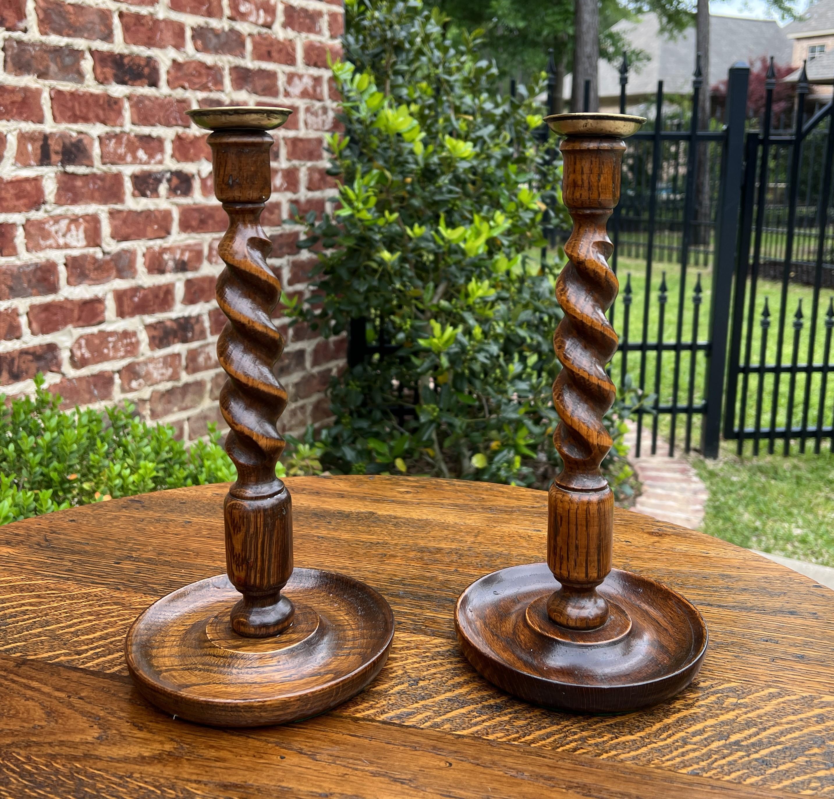 Mid-20th Century Antique English Barley Twist Candlesticks Candle Holders Oak Pair Tall For Sale