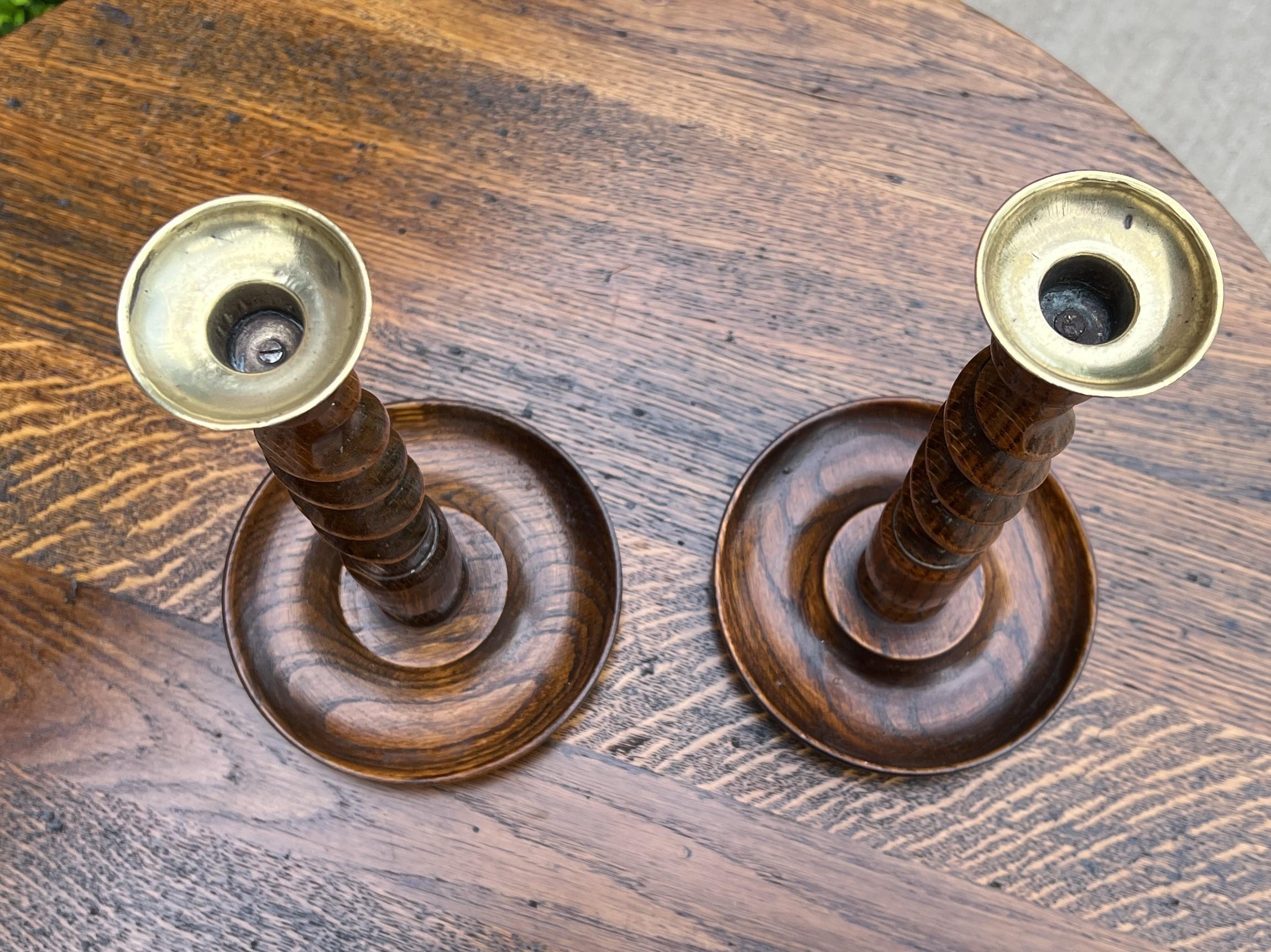 Antique English Barley Twist Candlesticks Candle Holders Oak Pair Tall For Sale 1