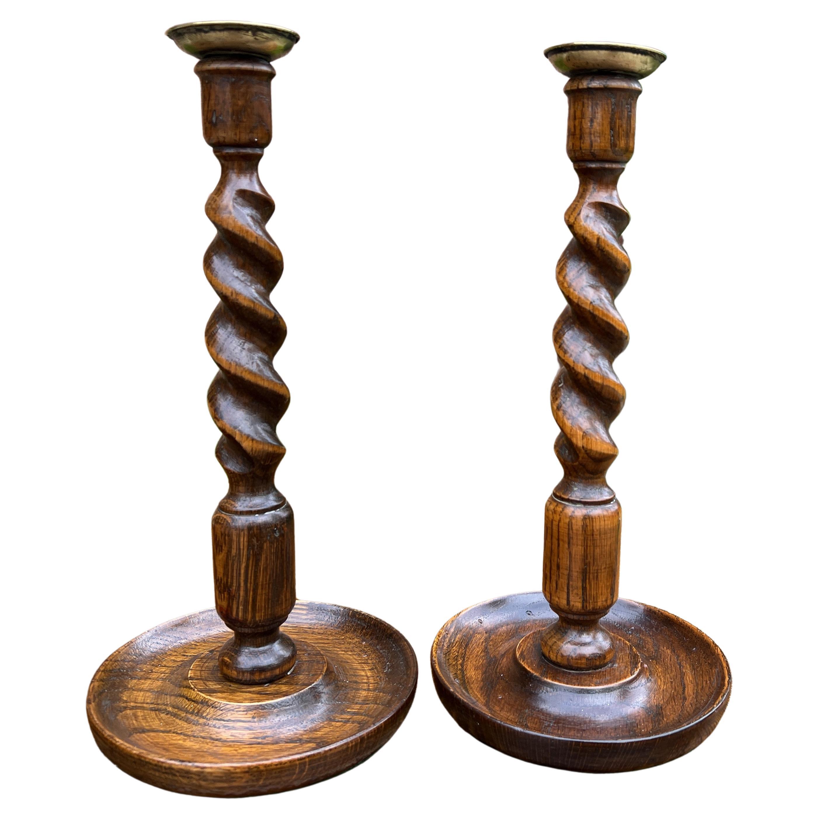 Antique English Barley Twist Candlesticks Candle Holders Oak Pair Tall For Sale