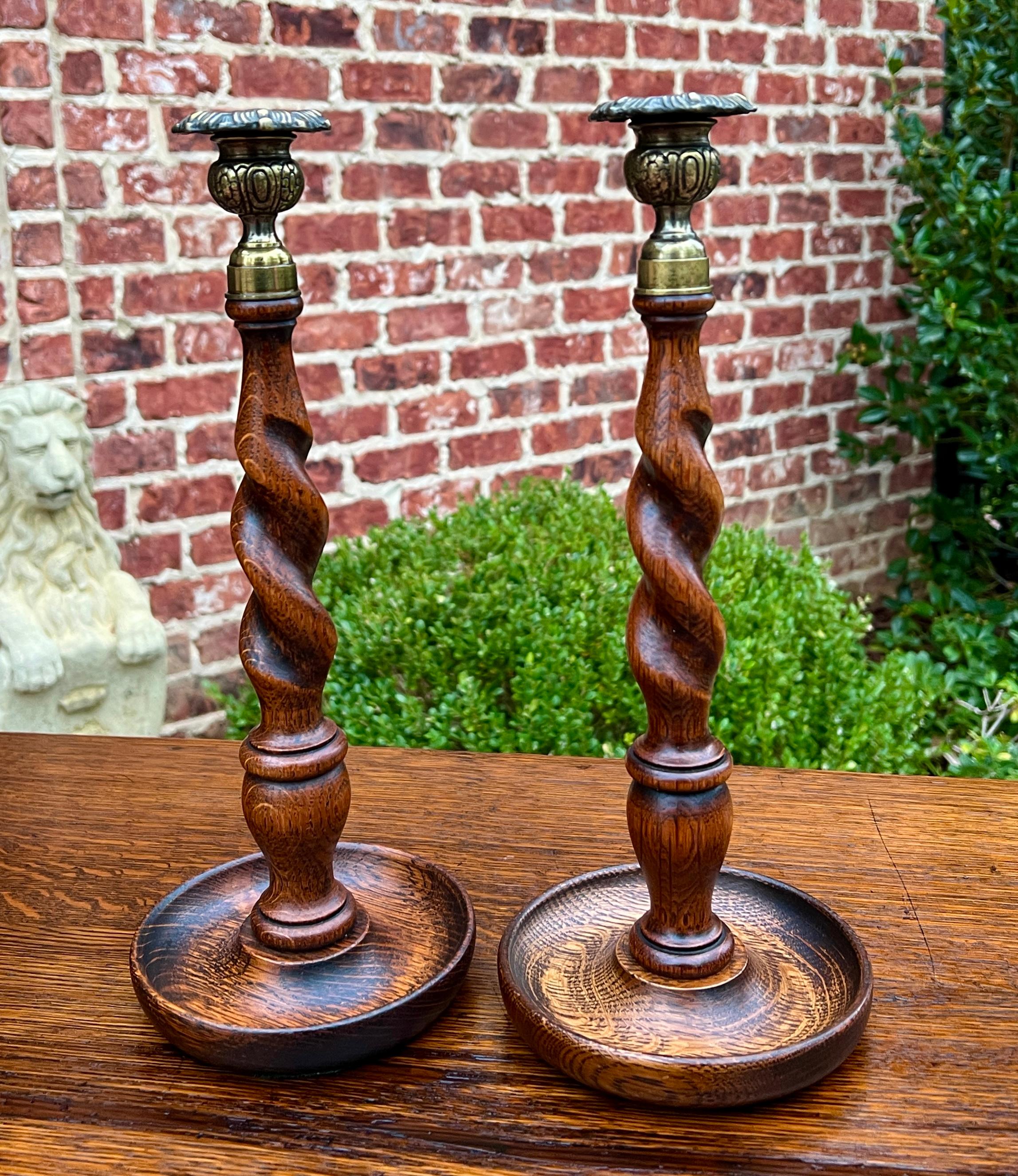 Antique English Barley Twist Candlesticks Candle Holders Oak PAIR 13.25