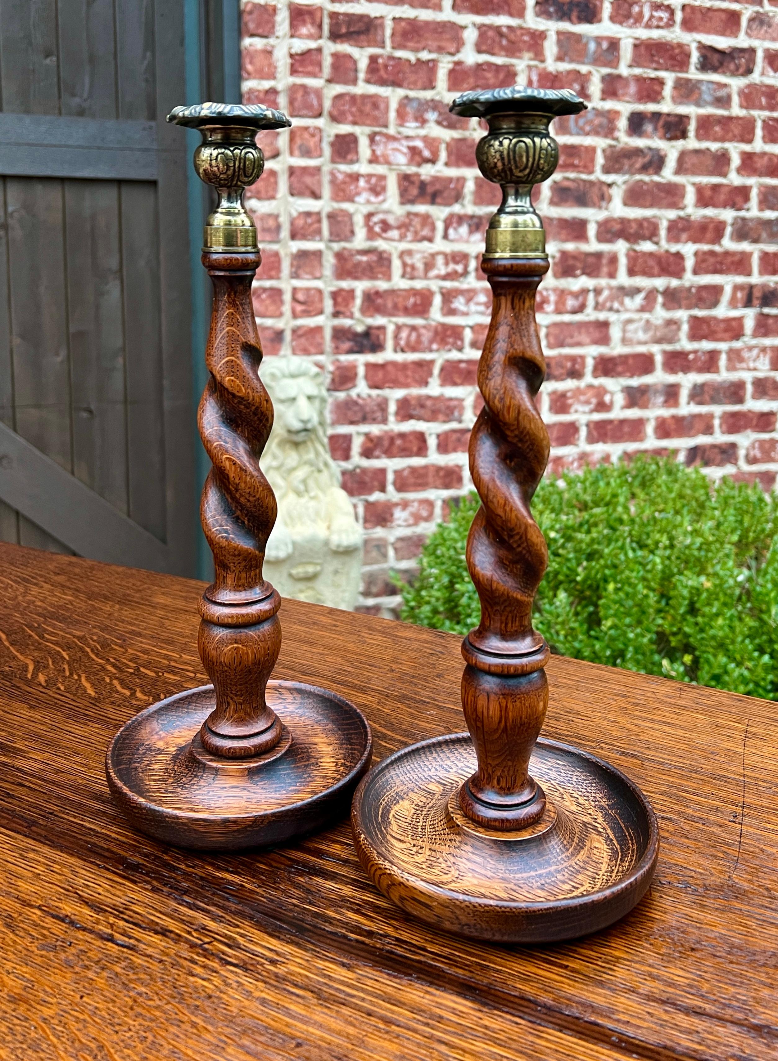 Antique English Barley Twist Candlesticks Candle Holders Oak PAIR 13.25