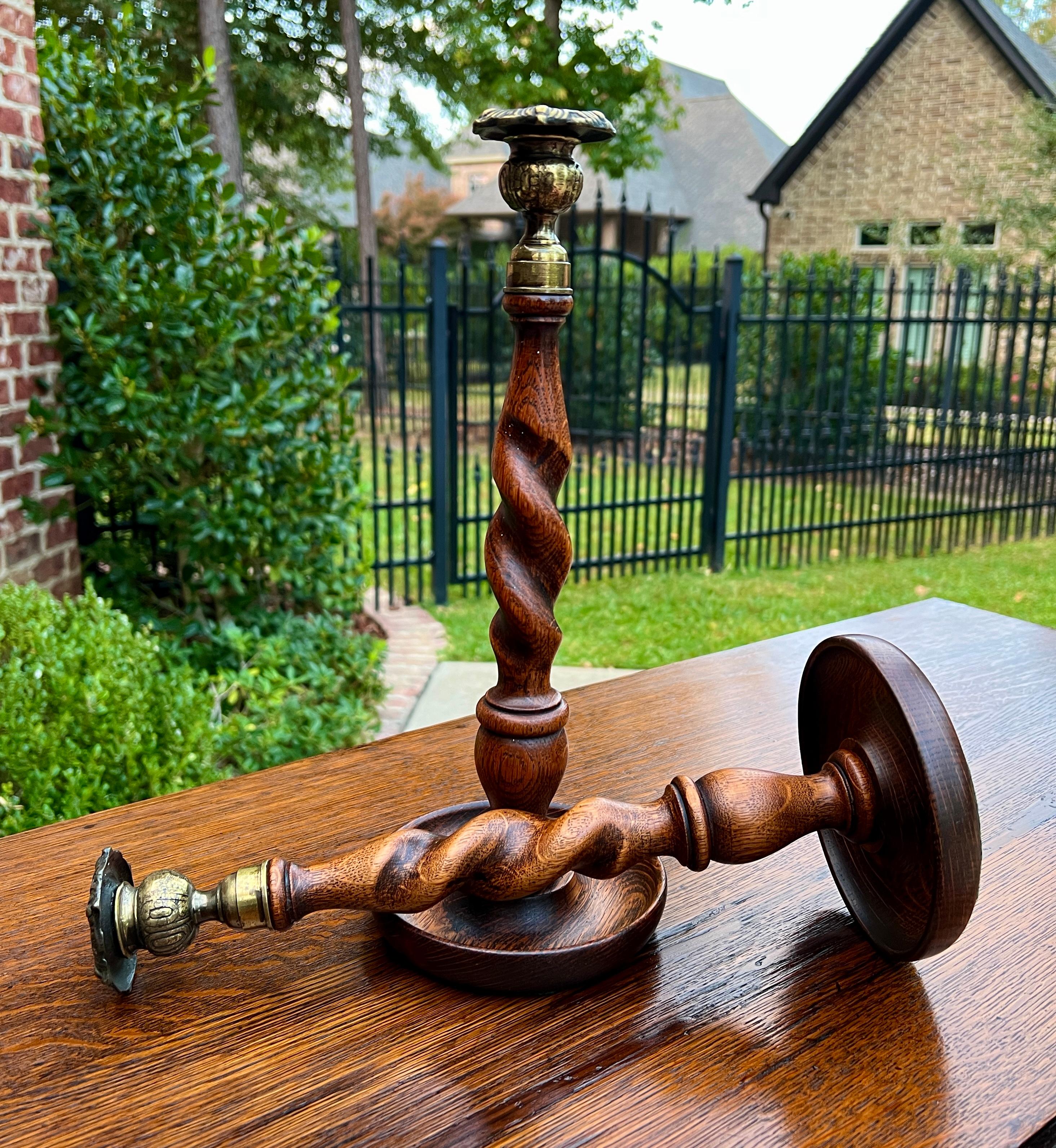 Antique English Barley Twist Candlesticks Candle Holders Oak PAIR 13.25