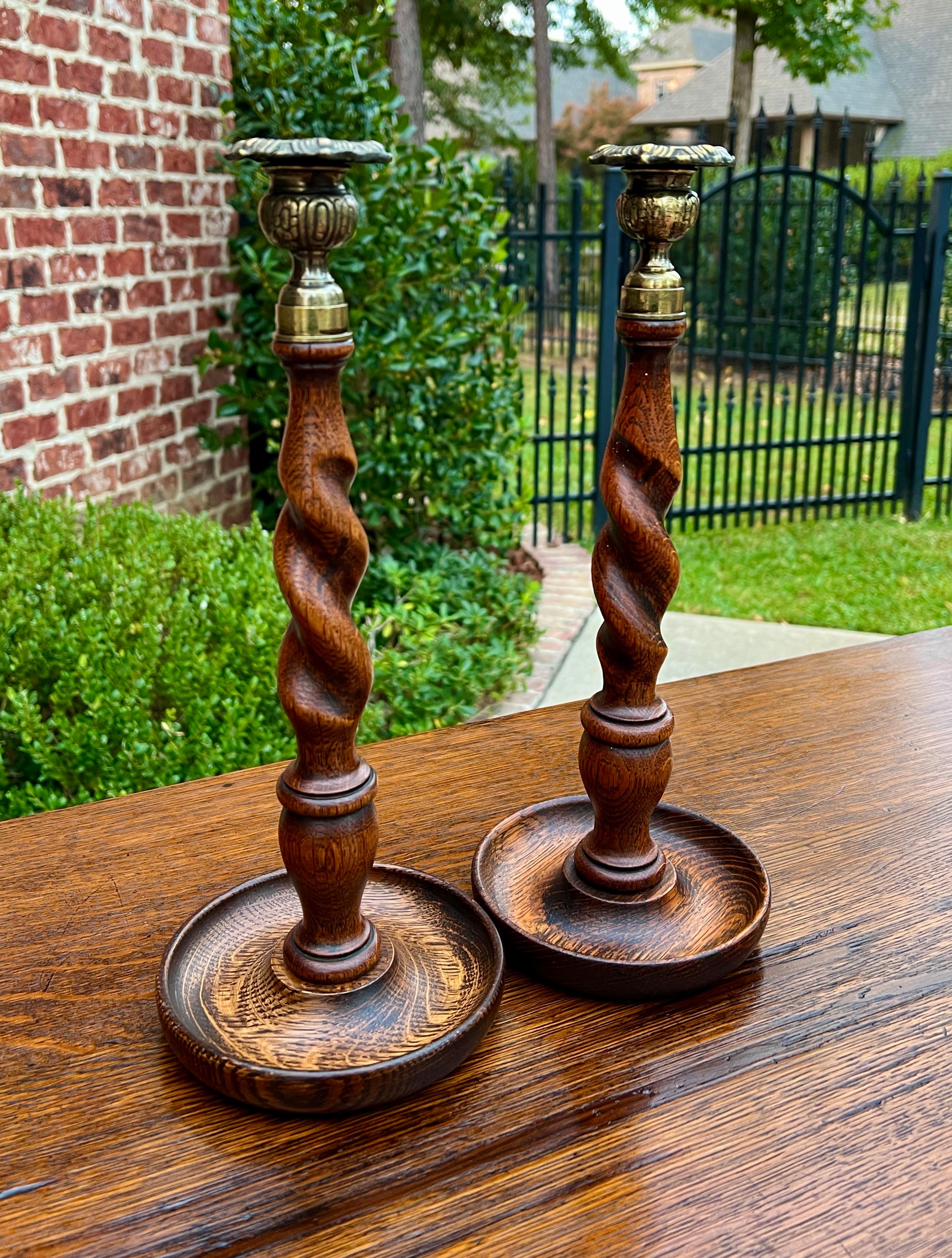 Antique English Barley Twist Candlesticks Candle Holders Oak PAIR 13.25