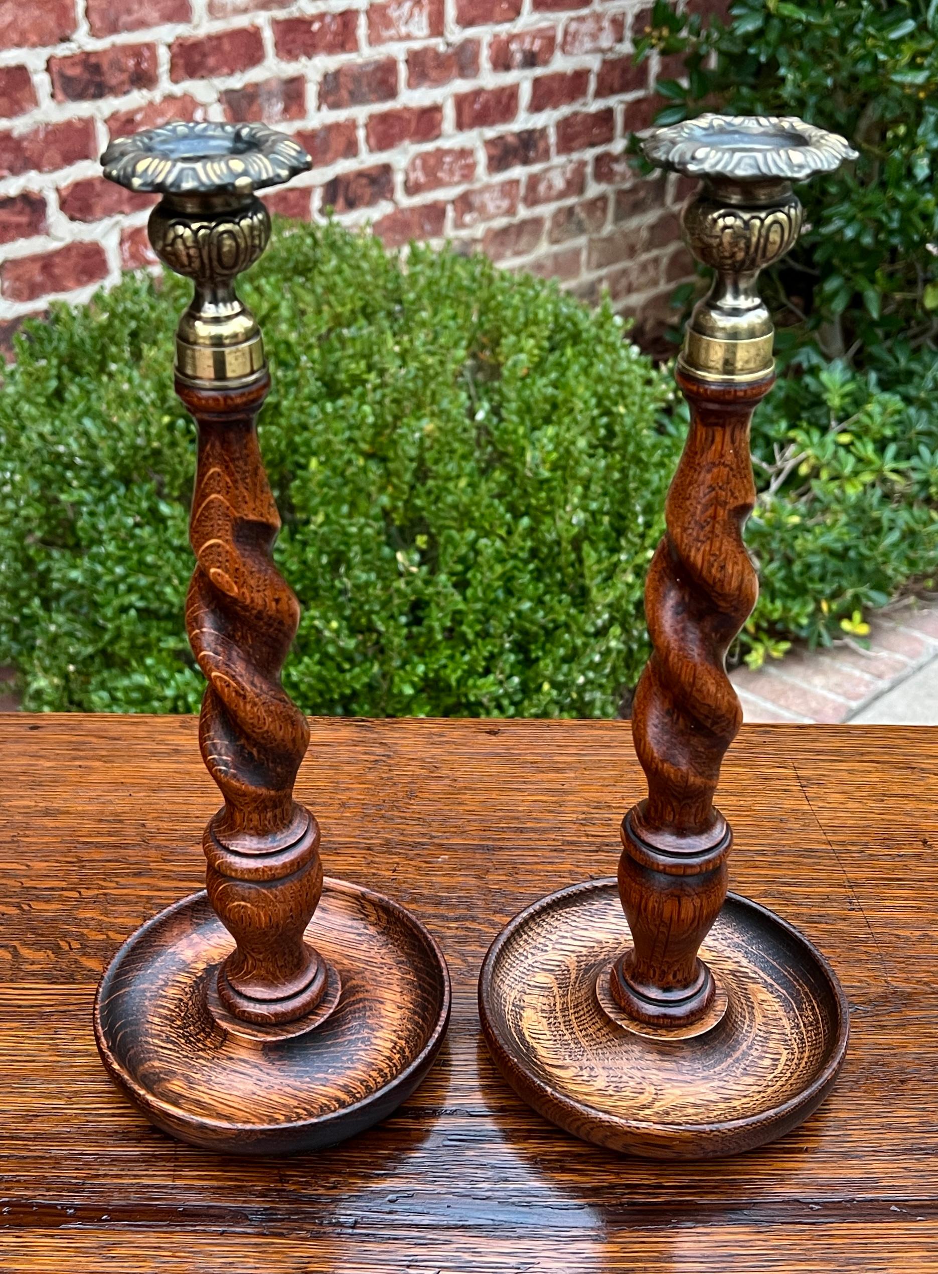 Arts and Crafts Antique English Barley Twist Candlesticks Candle Holders Oak PAIR 13.25