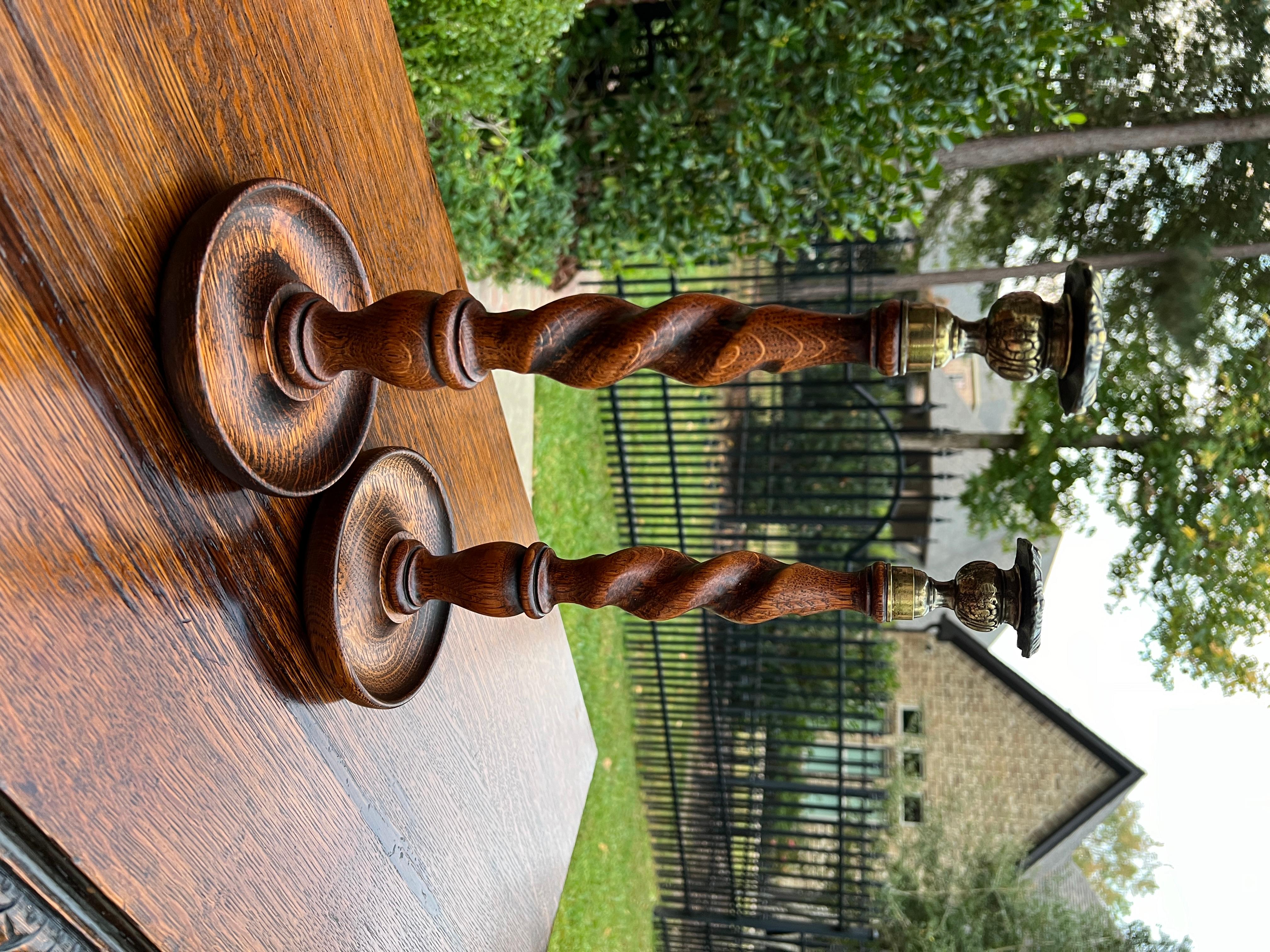 Carved Antique English Barley Twist Candlesticks Candle Holders Oak PAIR 13.25