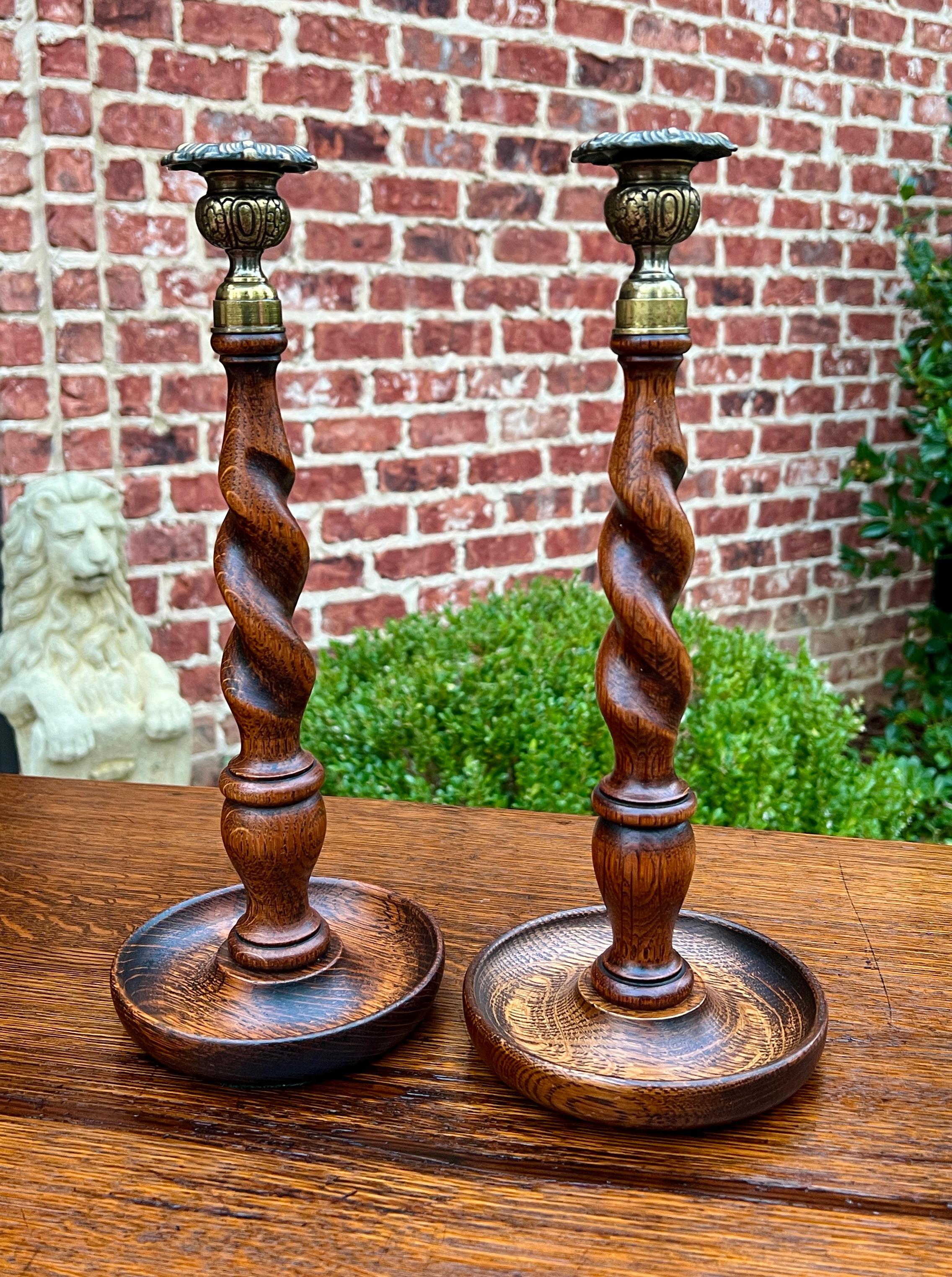 Antique English Barley Twist Candlesticks Candle Holders Oak PAIR 13.25