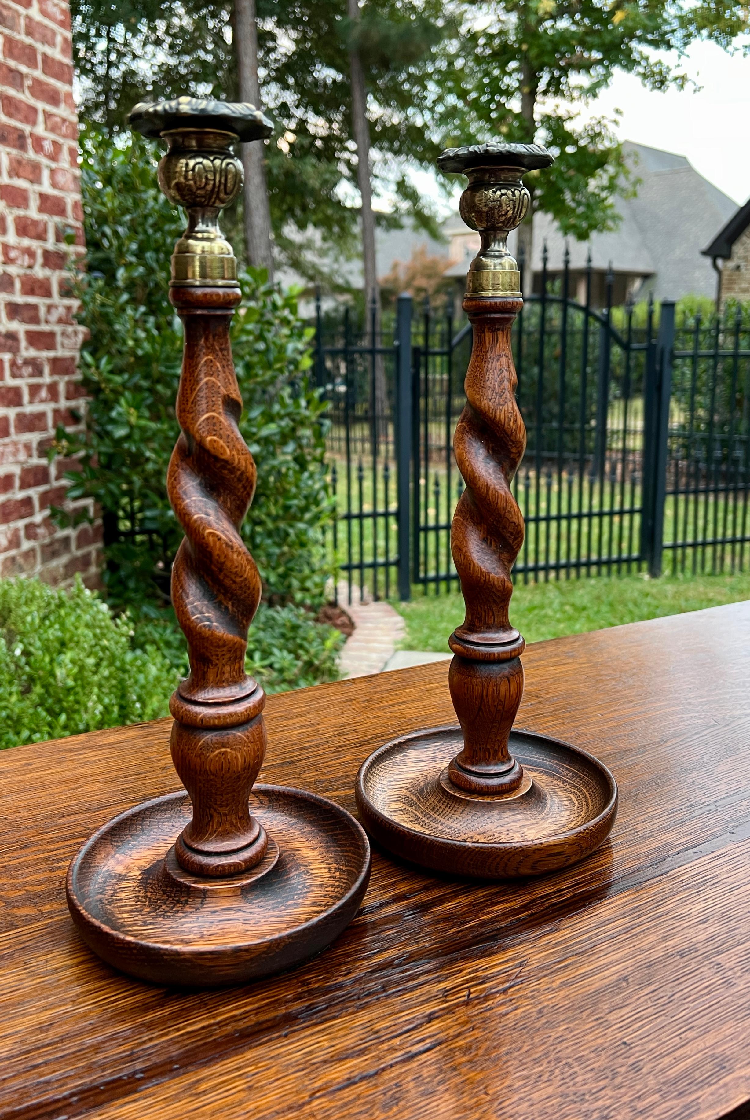 Mid-20th Century Antique English Barley Twist Candlesticks Candle Holders Oak PAIR 13.25