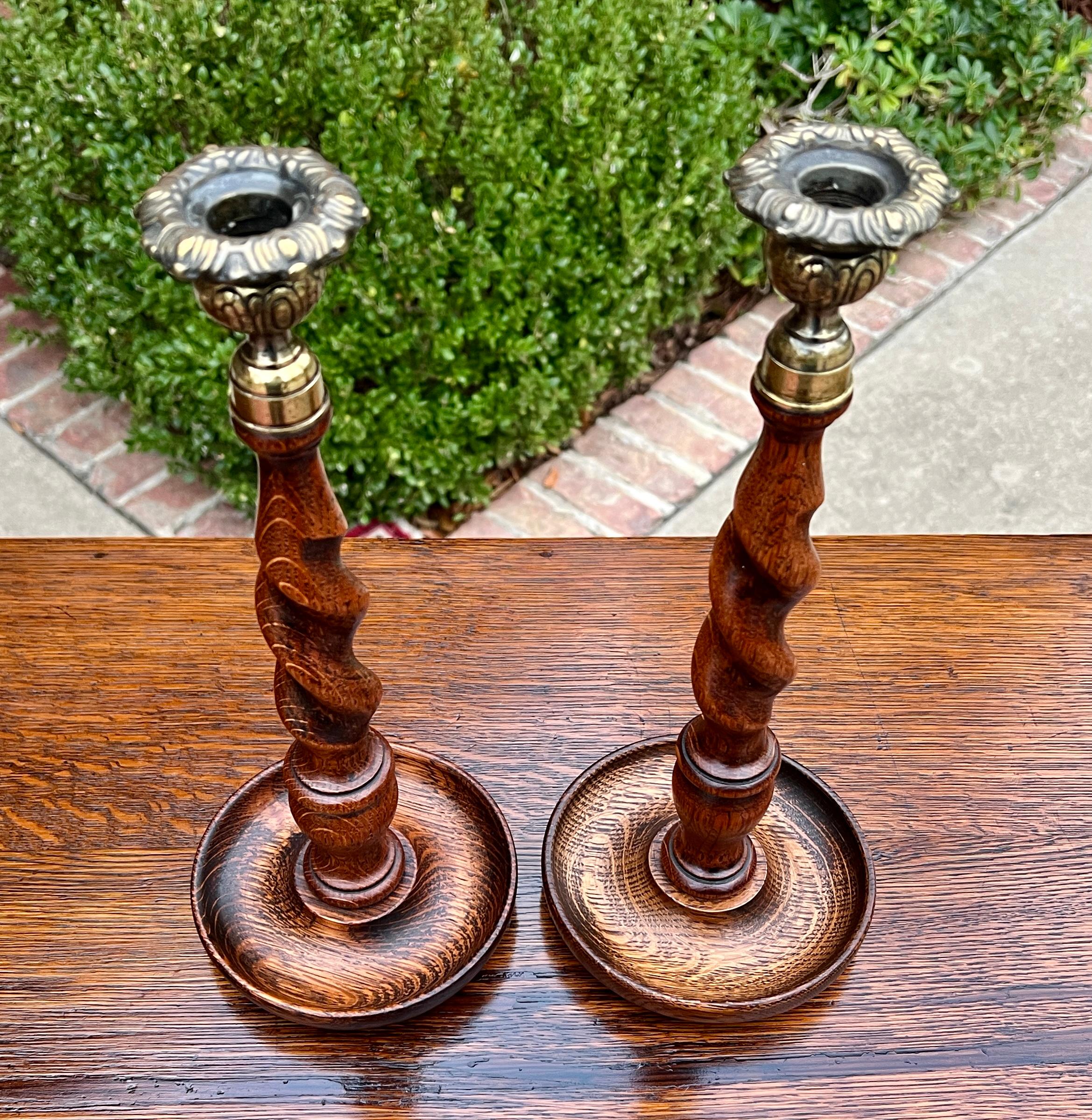 Brass Antique English Barley Twist Candlesticks Candle Holders Oak PAIR 13.25