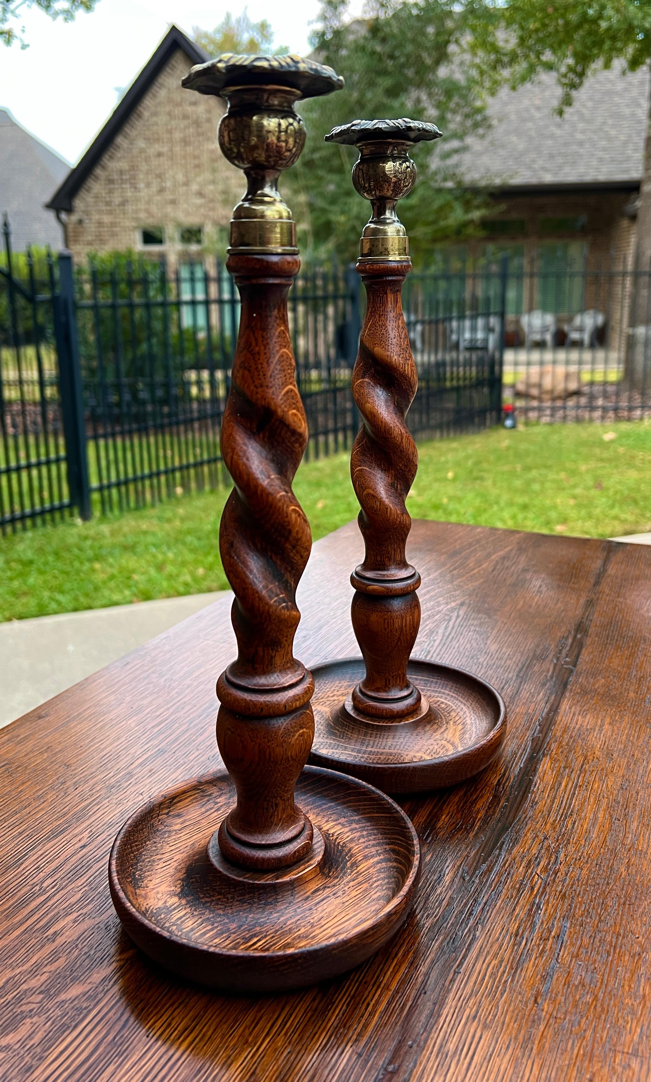 Antique English Barley Twist Candlesticks Candle Holders Oak PAIR 13.25