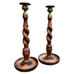 Antique English Barley Twist Candlesticks Candle Holders Oak PAIR 13.25" Tall