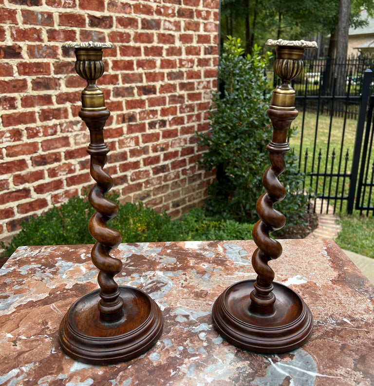 Antique English Barley Twist Candlesticks Candle Holders Oak PAIR 14