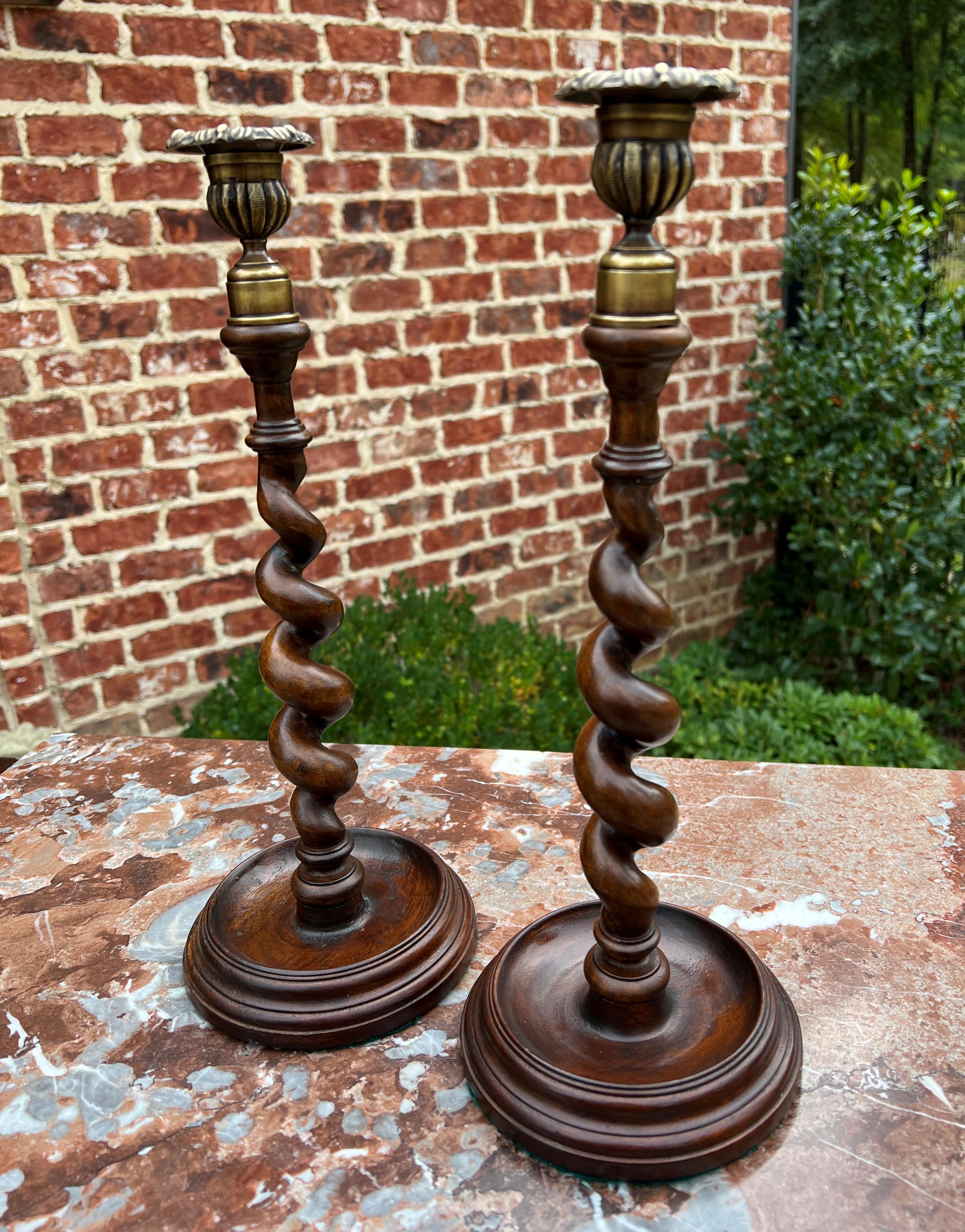 Arts and Crafts Antique English Barley Twist Candlesticks Candle Holders Oak PAIR 14
