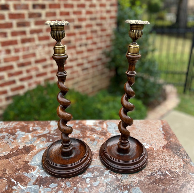 Antique English Barley Twist Candlesticks Candle Holders Oak PAIR 14 ...