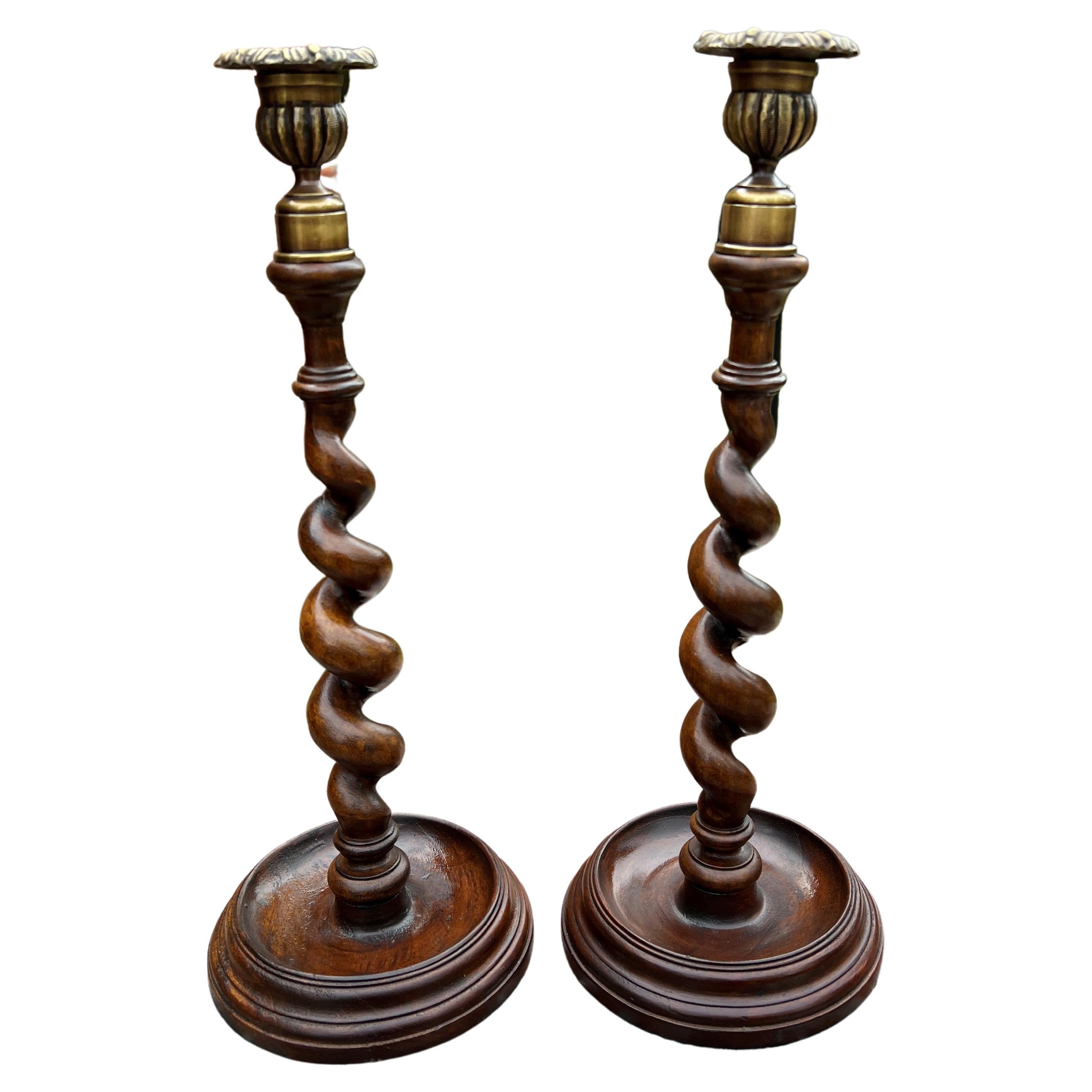 Antique English Barley Twist Candlesticks Candle Holders Oak PAIR 14" Tall For Sale