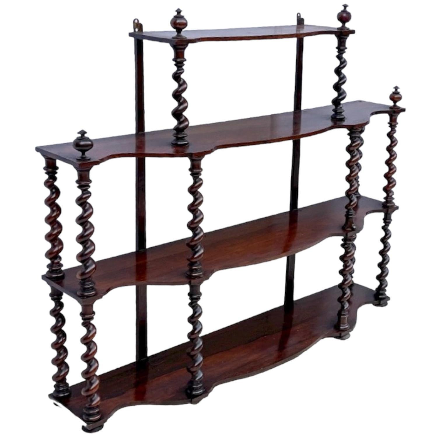 19th Century Antique English Barley Twist Carved Fruitwood Wall Shelf / Etagere  For Sale