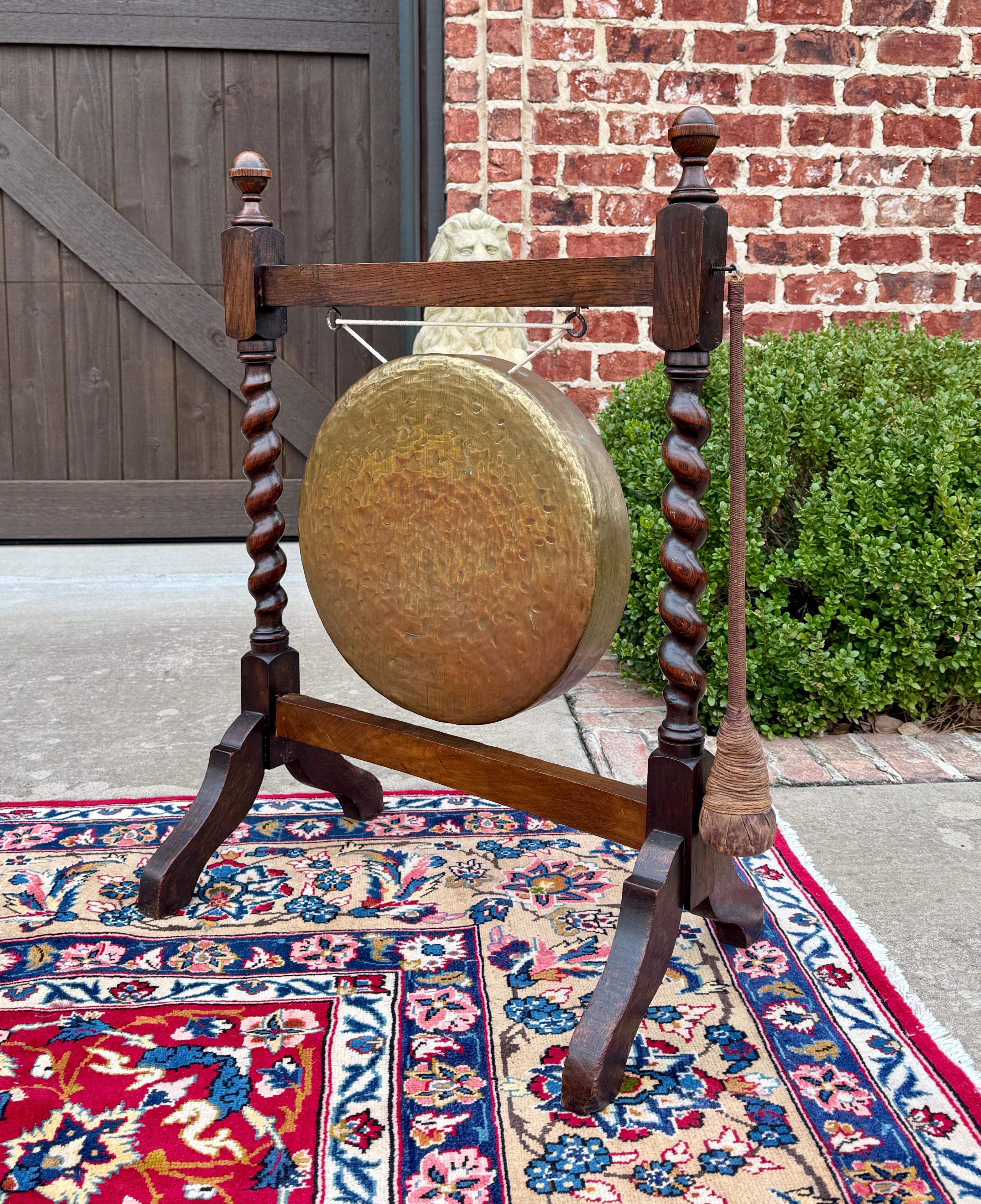 Renaissance Revival Antique English Barley Twist Dinner Gong Carved Oak with Mallet c. 19thC For Sale