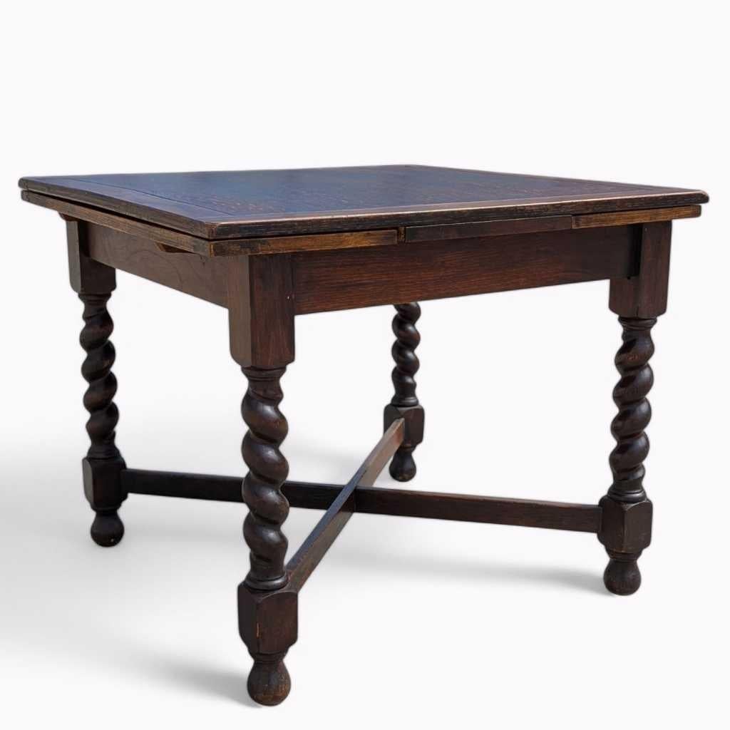 Antique English Barley Twist Draw-Leaf Oak Table, Early 1900s For Sale 8