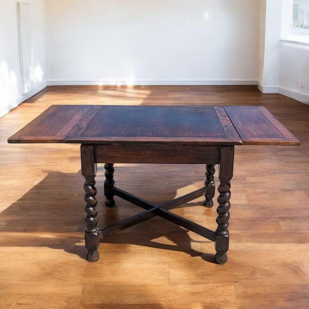 Edwardian Antique English Barley Twist Draw-Leaf Oak Table, Early 1900s For Sale