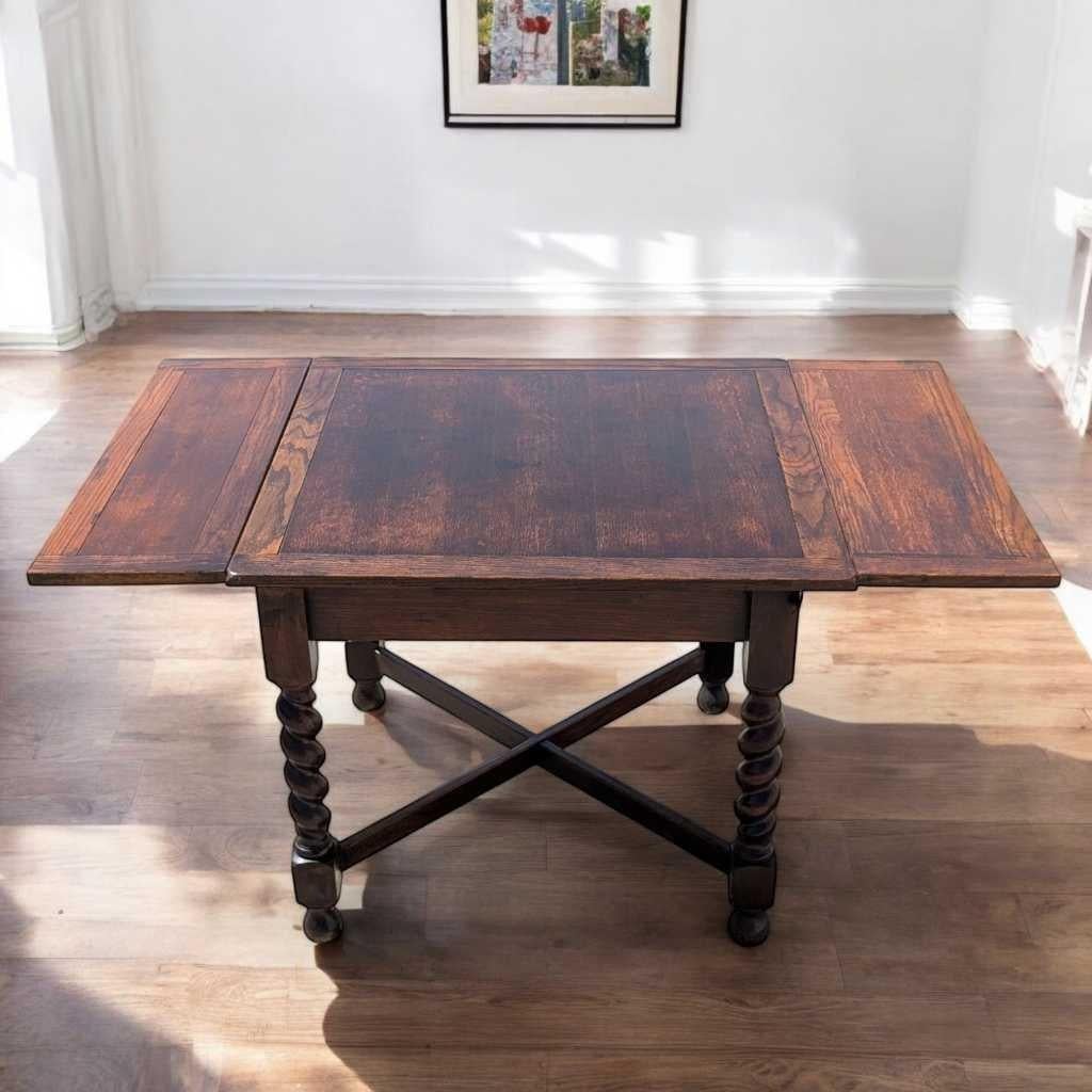 Antique English Barley Twist Draw-Leaf Oak Table, Early 1900s In Good Condition For Sale In Rancho Cucamonga, CA