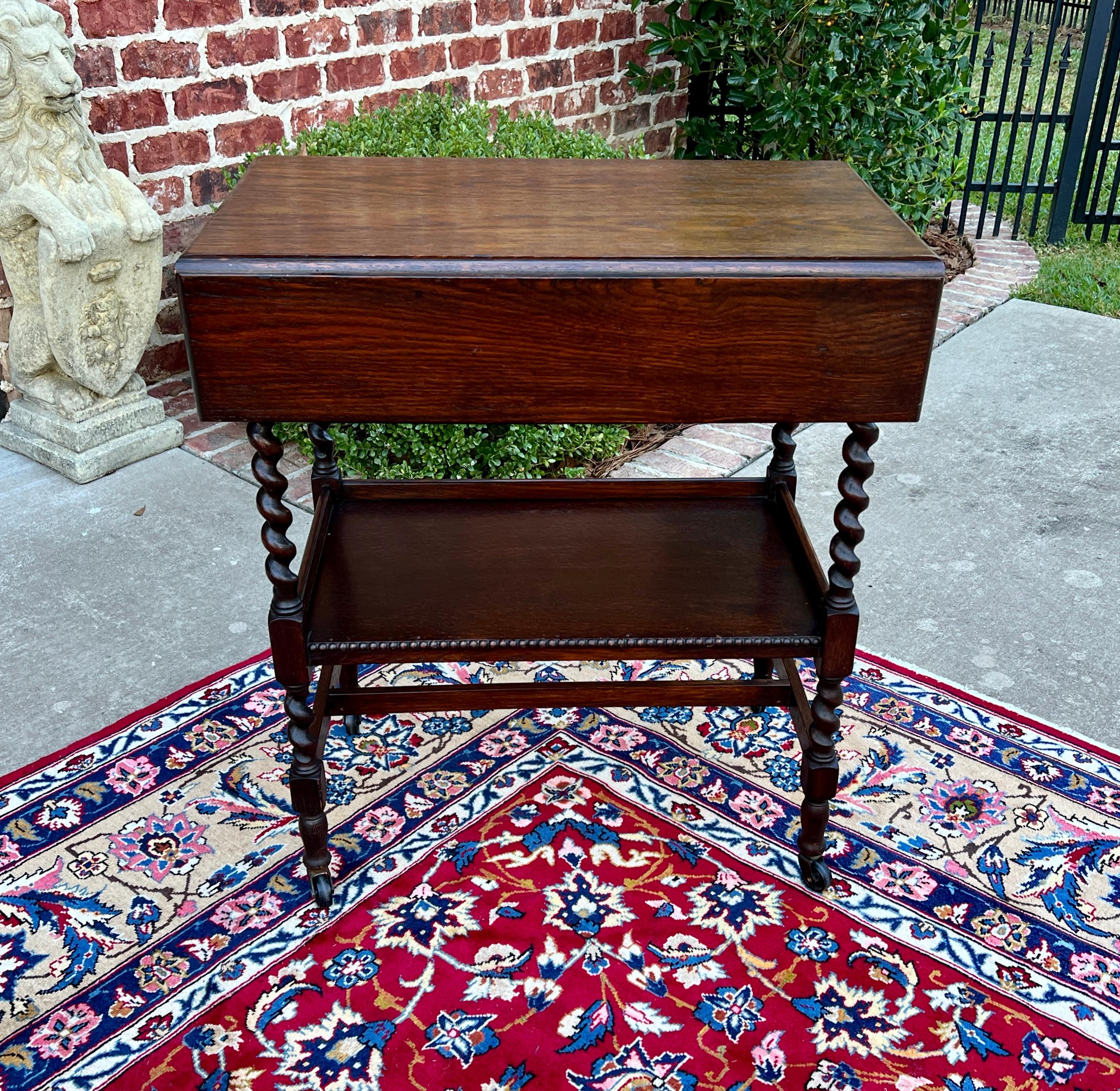Carved Antique English Barley Twist Drop Leaf Tea Pastry Cart Spin Top c. 1930