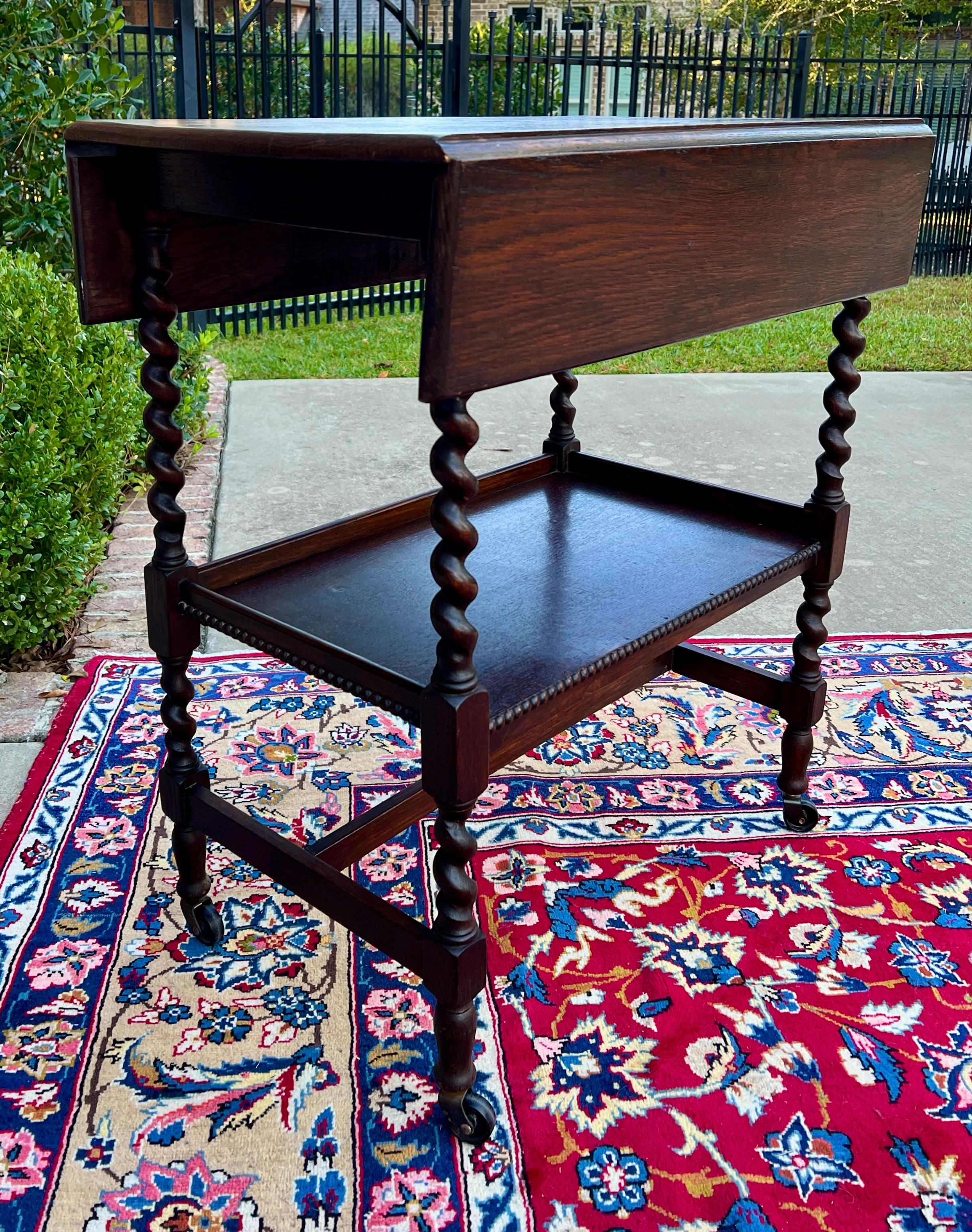 Oak Antique English Barley Twist Drop Leaf Tea Pastry Cart Spin Top c. 1930