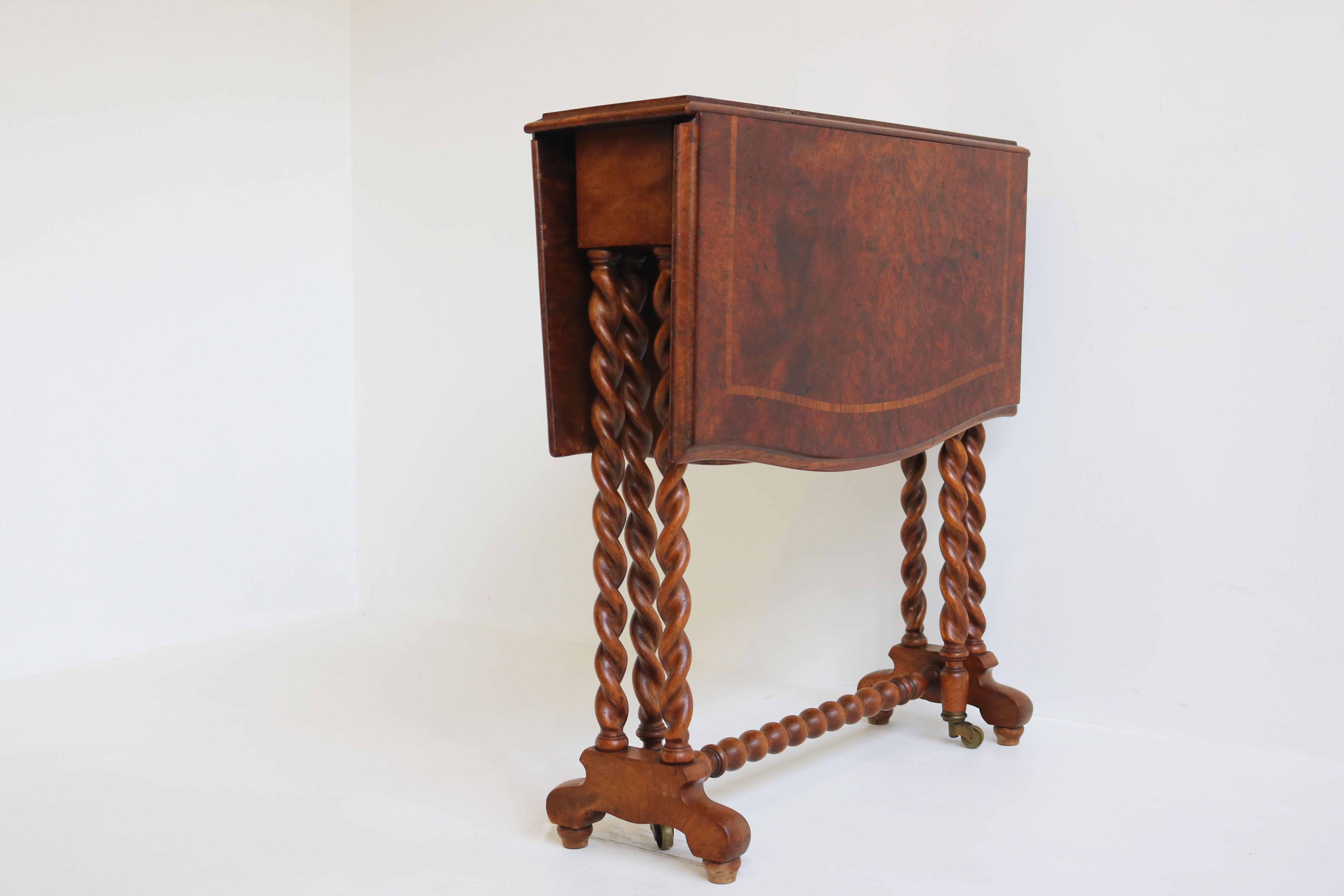 Hand-Carved Antique English Barley Twist Foldable Table / Gate-Leg Table 19th Century Burl For Sale