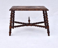 Antique English Barley Twist Footstool Small Bench Carved Top Oak