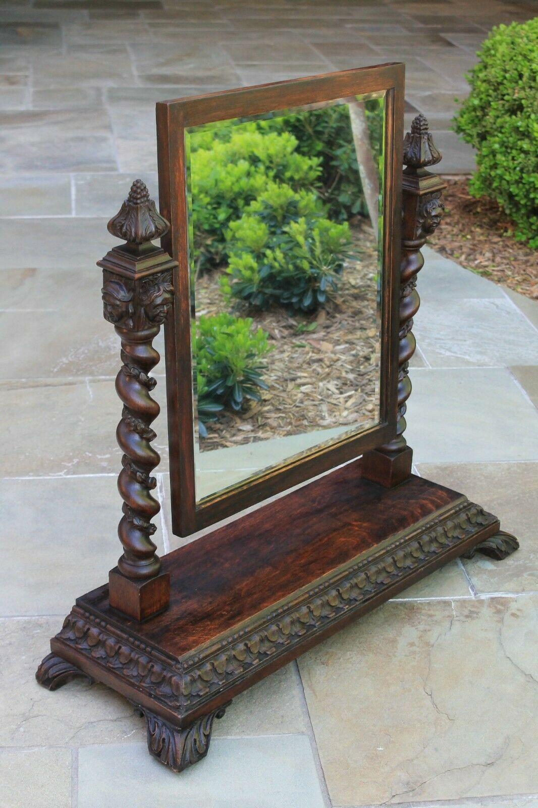 Antique English Barley Twist Mirror Gothic Oak Tilting Dresser Vanity Mirror 3