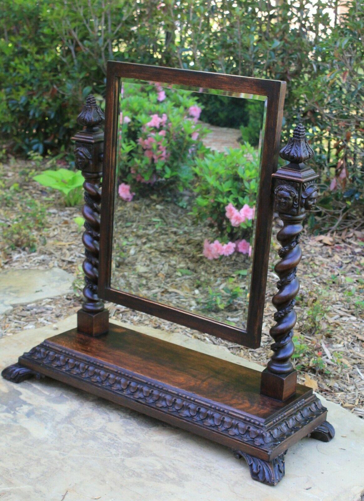 Antique English Barley Twist Mirror Gothic Oak Tilting Dresser Vanity Mirror 4