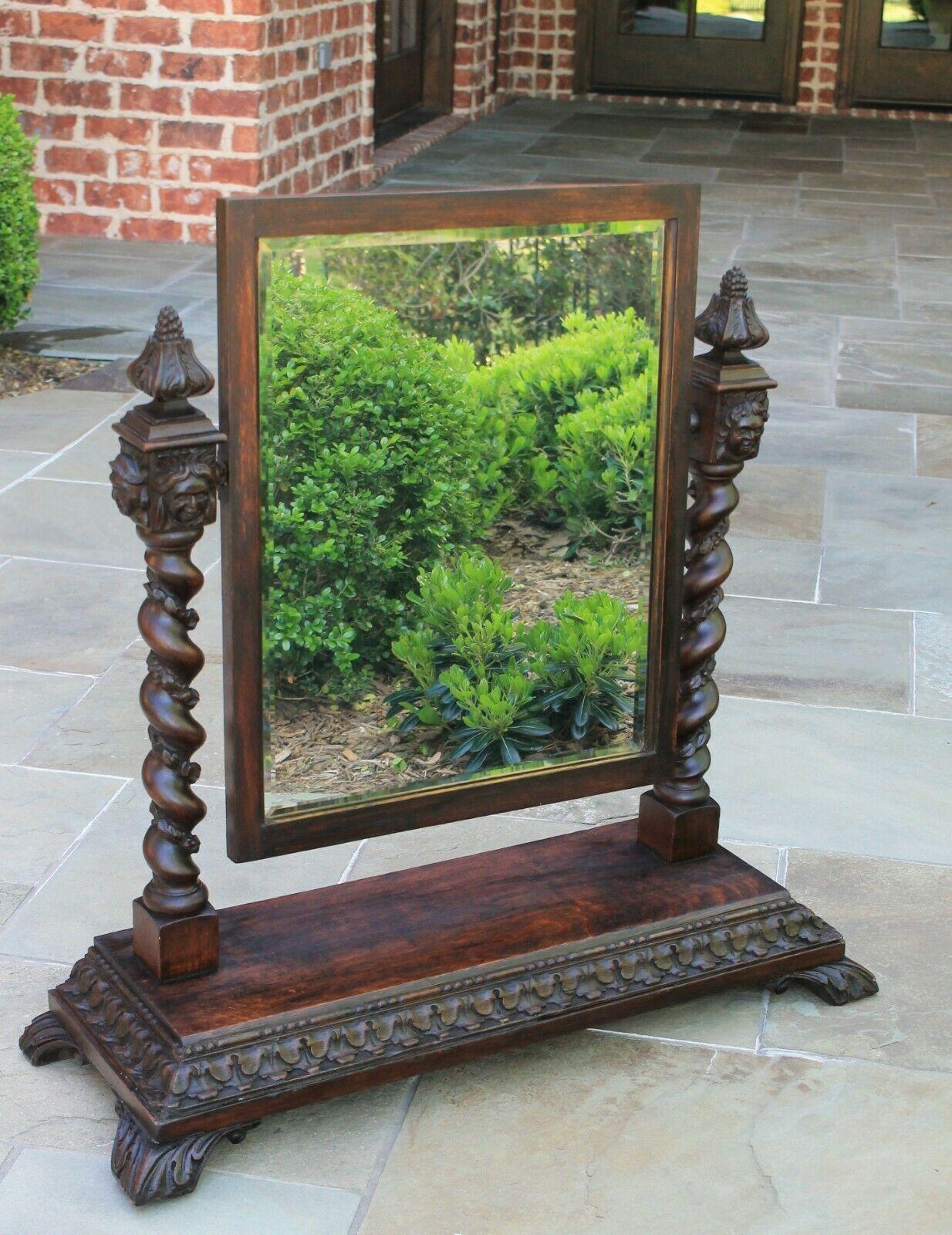 Antique English Barley Twist Mirror Gothic Oak Tilting Dresser Vanity Mirror 6