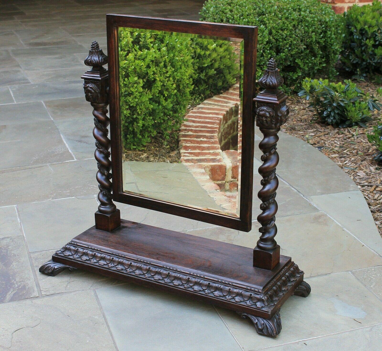 Superb antique English oak Gothic Barley twist tilting / swivel shaving, dresser or vanity beveled mirror~~c. 1880s
 
 We can't say enough wonderful things about this exquisitely carved tilting shaving or tabletop vanity mirror~~full of 19th